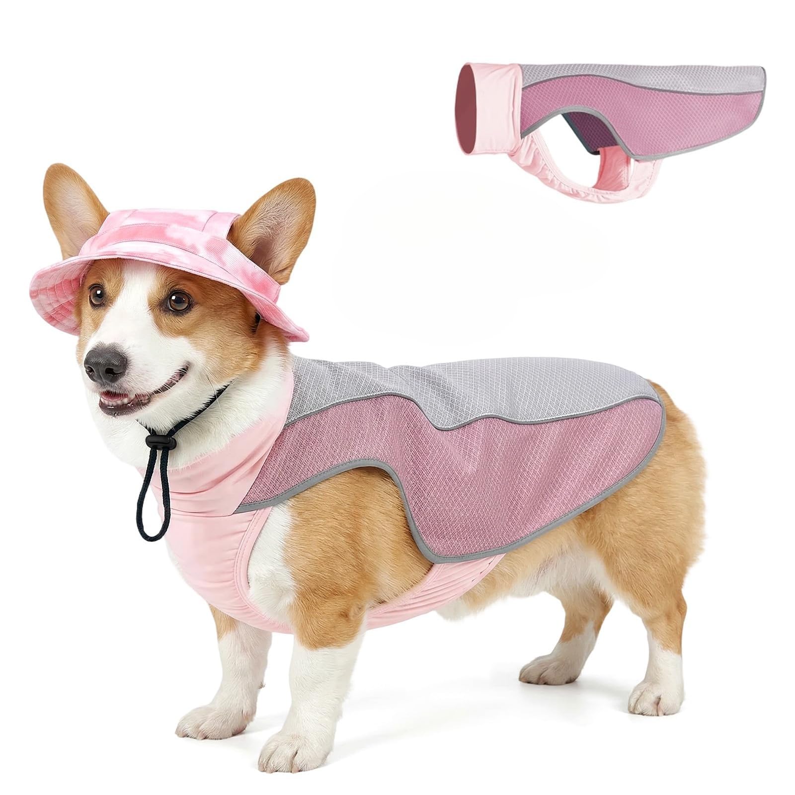 Dog Cooling Jacket,Summer Dog Cooling Jacket with Matching Sun Hat Set, Evaporative Pet Vest, Breathable Mesh Ice Harness for Small Medium Dogs Outdoor Hiking Walking (Pink,L)