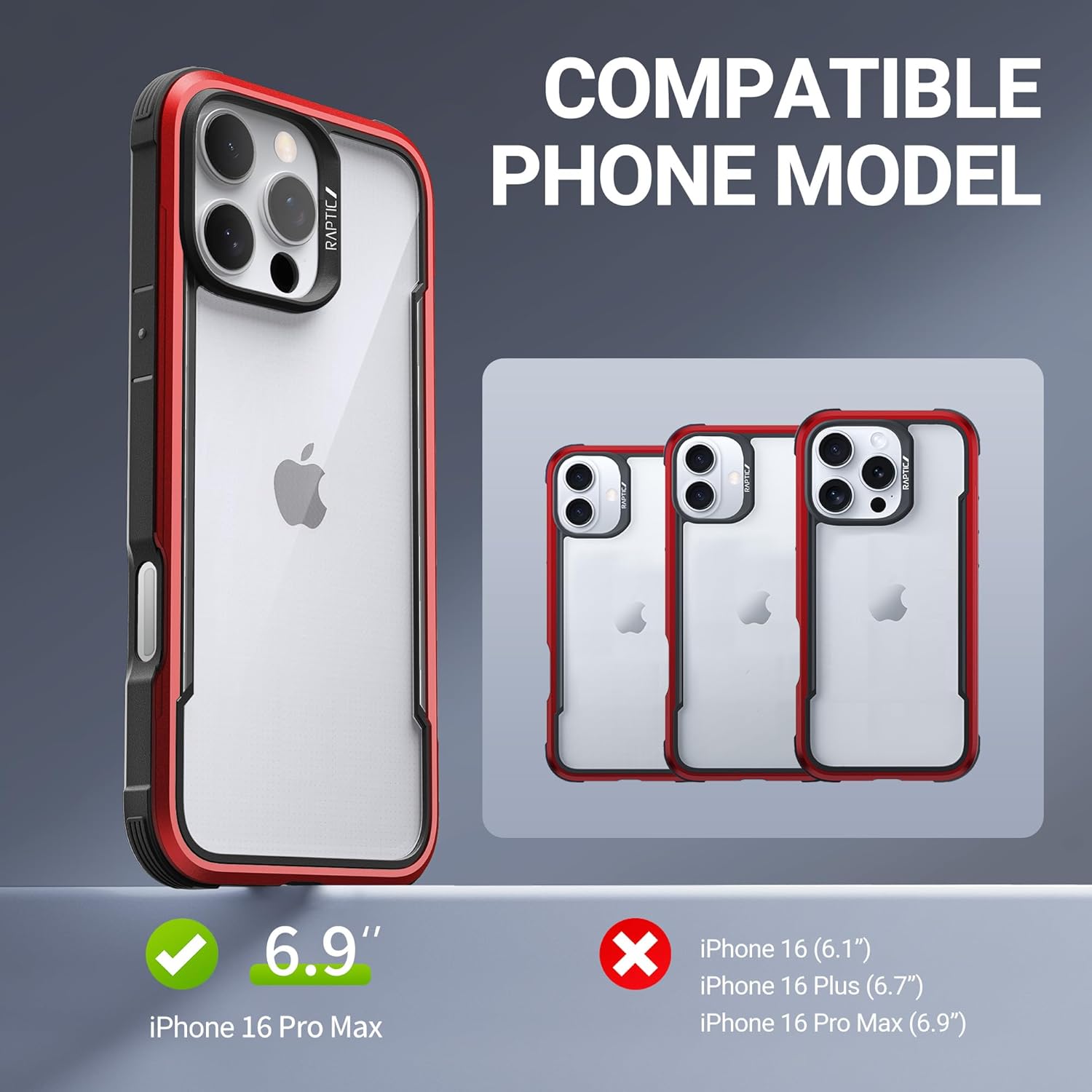 RAPTIC Shield for iPhone 16 Pro Case, [for 2024 Capture Button Shockproof Protective Clear Case], Military Grade 13ft Drop Tested, Durable Aluminum Frame, Anti-Yellowing Case, 6.3 inch, Red