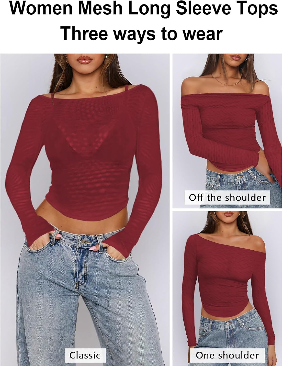 Women's Mesh Sheer Long Sleeve Top for Women Sexy Boat Neck Going Out Tops Casual Club Party See Through Tee Shirts - Image 4