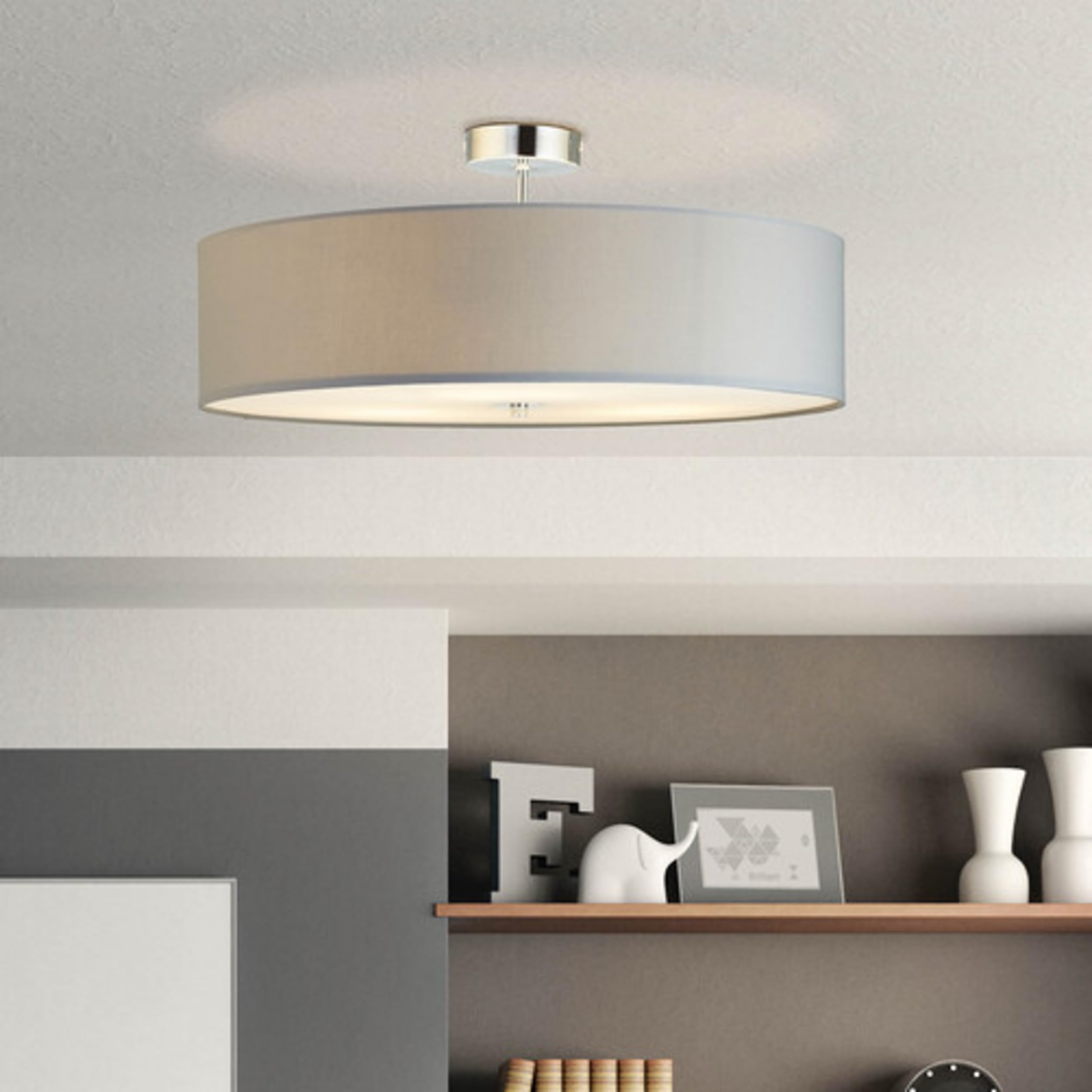Lightbox Lampada da soffitto design semplice con paralume in tessuto | Ø 60 cm | plafoniera moderna | 3x presa E27 | in metallo/tessuto grigio chiaro/cromo