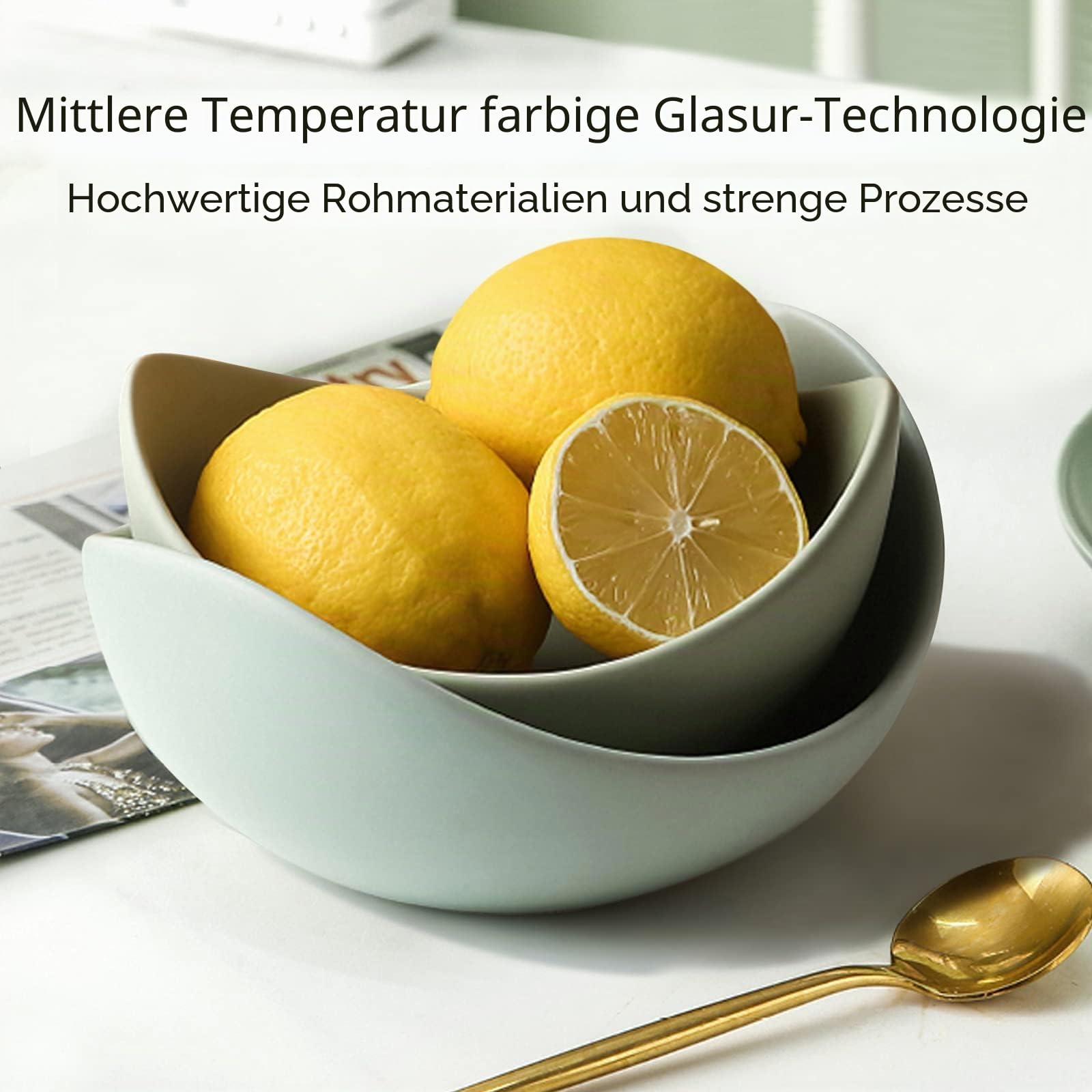 Notakia 5-teiliges Schüsselset aus Porzellan, Lotusform, Grün | Stapelbare Servierschalen im Lotus-Design für Salat, Müsli, Pasta, Obst und Snacks, spülmaschinen- und mikrowellengeeignet