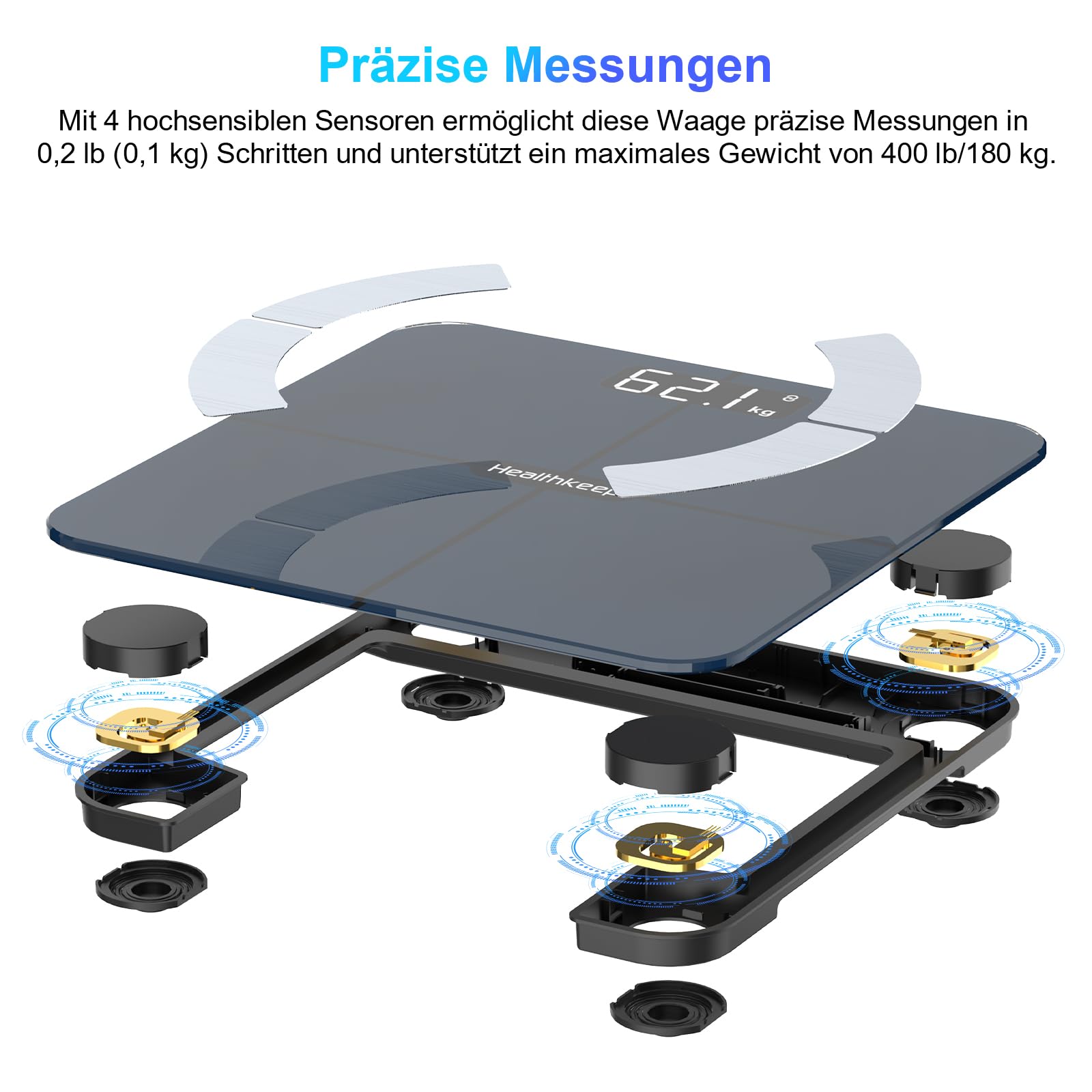 Körperfettwaage, Bluetooth Personenwaage mit App, Smart Digitale Waage für Körperfett, BMI, Gewicht, Muskelmasse, Wasser, Protein, Skelettmuskel, Knochengewicht, BMR, Schwarz
