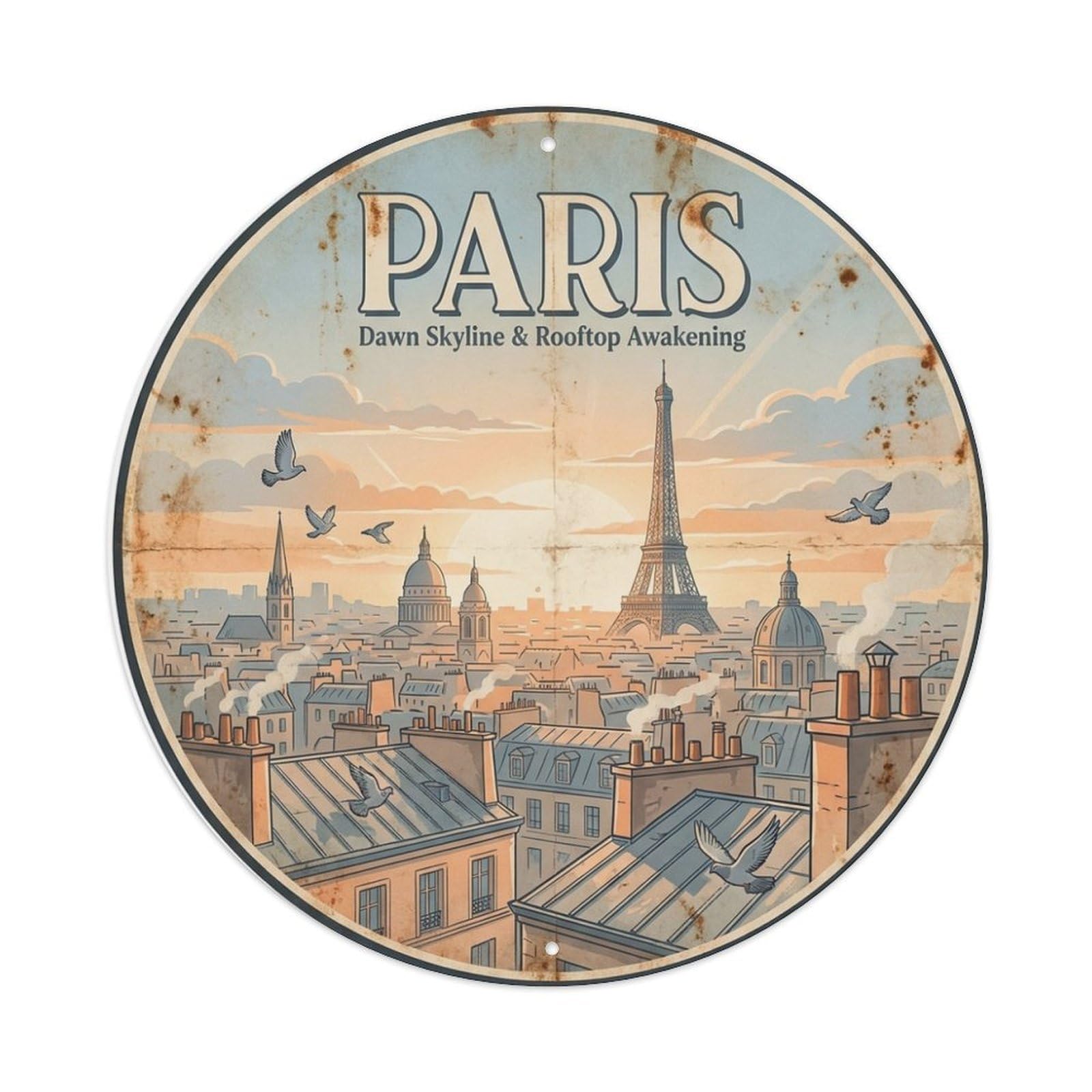 Olhnbad Style Dawn Skyline Rooftop Paris Scenic Route Travel Metal Tin Sign