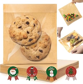 100 Pack Self Sealing Cookie Bags with Seal, 5.9x6.5 Inch Paper Bakery Bags with Window, Grease Resistant To Go Sleeves for Packaging Donut, Snack, Scone, Browni, Included 100PCS Christmas Stickers