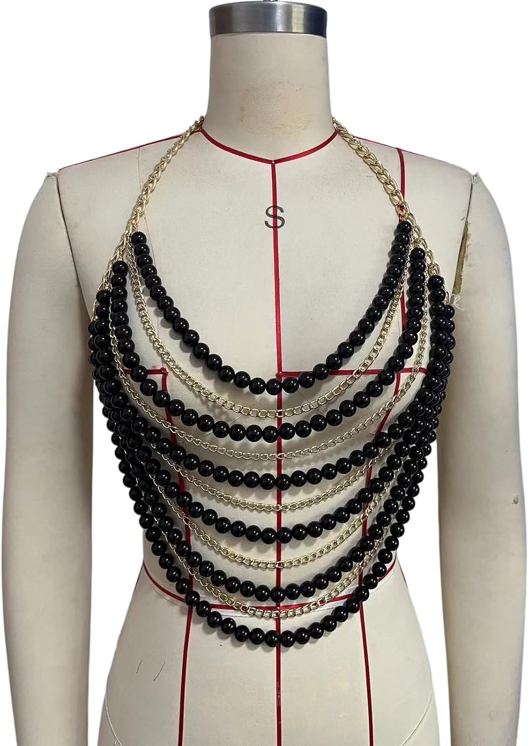 Multi Layer Black Bead Body Chain Bra, Gold Chain Pearl Harness Chest Jewelry, Adjustable Halter Body Chain for Women Beach Bikini Club Party Outfit Music Festival
