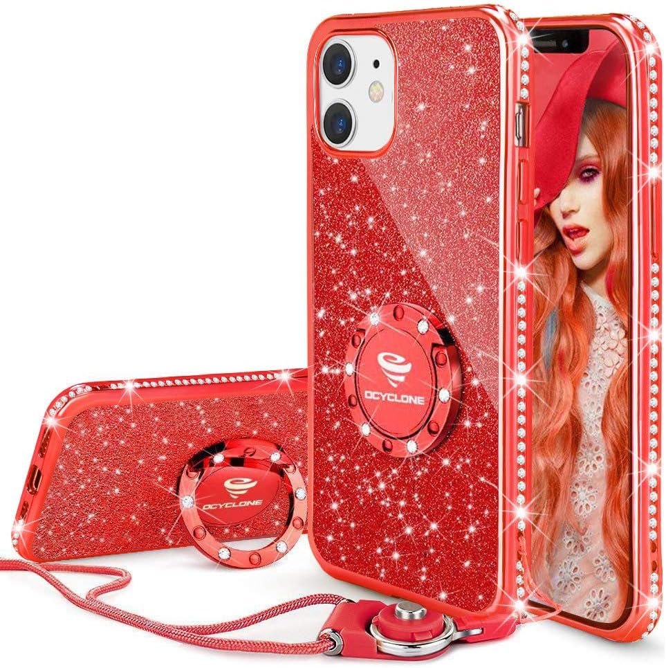 OCYCLONE Cute iPhone 12 Mini Case, Sparkle Glitter Bling Diamond Rhinestone Bumper with Ring Kickstand Women Girls Soft Protective Phone Case for iPhone 12 Mini 5G 5.4 inch - Red