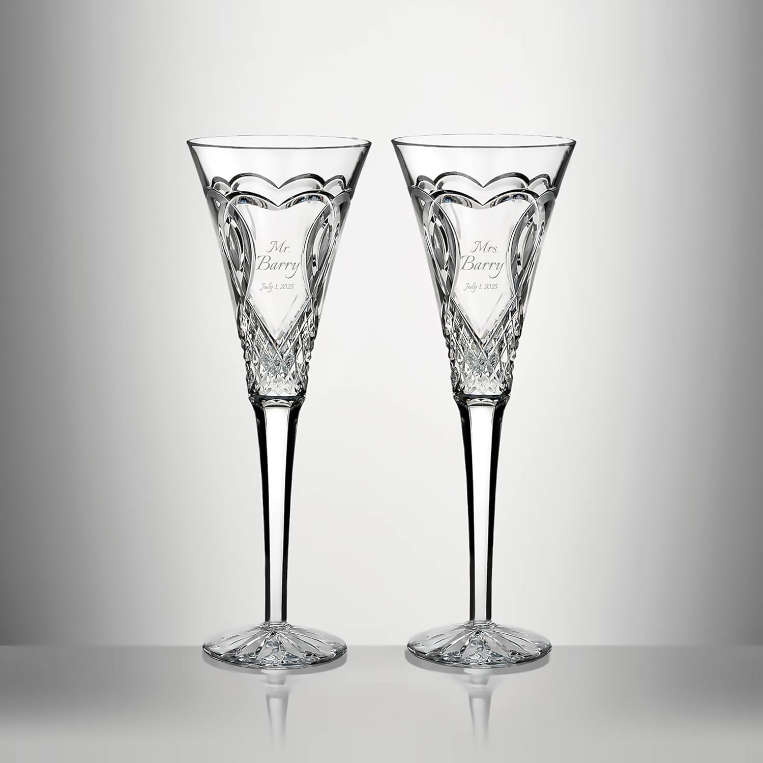 Waterford Personalized Wedding Champagne Flutes, Set of 2 Custom Engraved 7oz Crystal Champagne Glasses for Bride and Groom