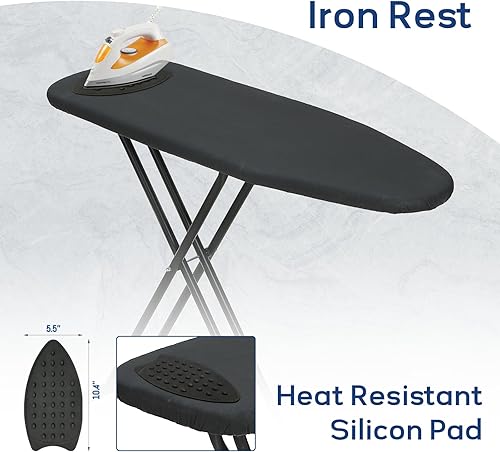 Miniatura 5 de Tabla de planchar de 43 x 13 pulgadas con soporte para plancha, tabla de hierro compacta tamaño completo con cubierta gruesa y almohadilla, colgador