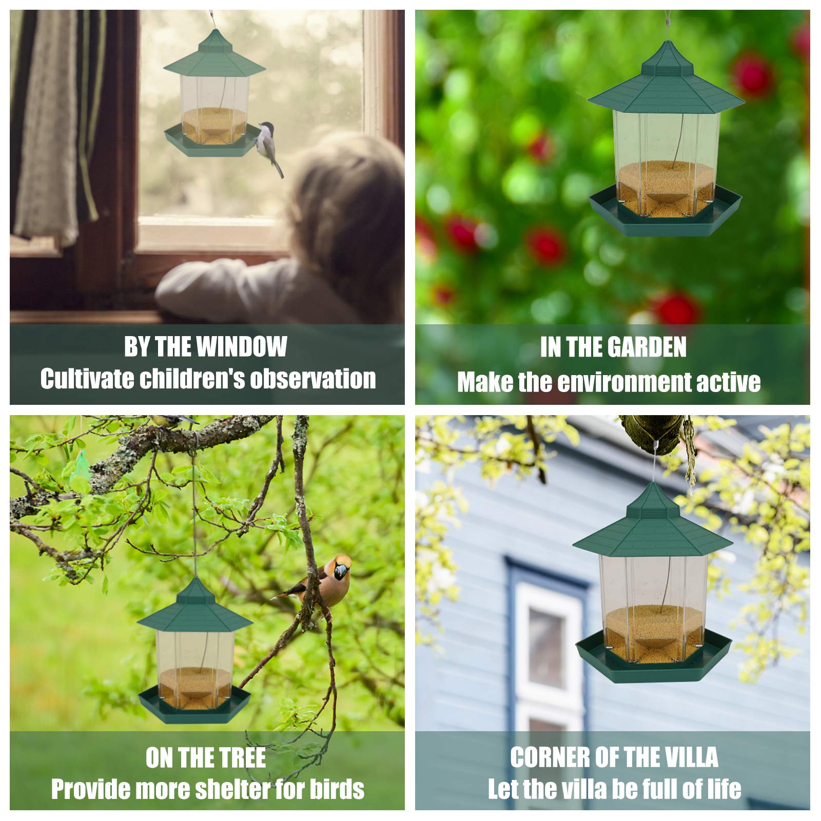 Herefun Comedero para Pájaros, Comedero Colgante para Pájaros, Comedero para Pájaros Salvajes para Exteriores a Prueba de Ardillas, Resistente al Agua Pajarera para Colgar (Verde) — view 7