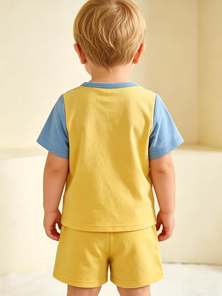 Completo casual da ragazzo in misto cotone, 2 pezzi, maglietta a maniche corte e pantaloncini a blocchi di colore, per abbigliamento estivo quotidiano (6M-3Y) - 3