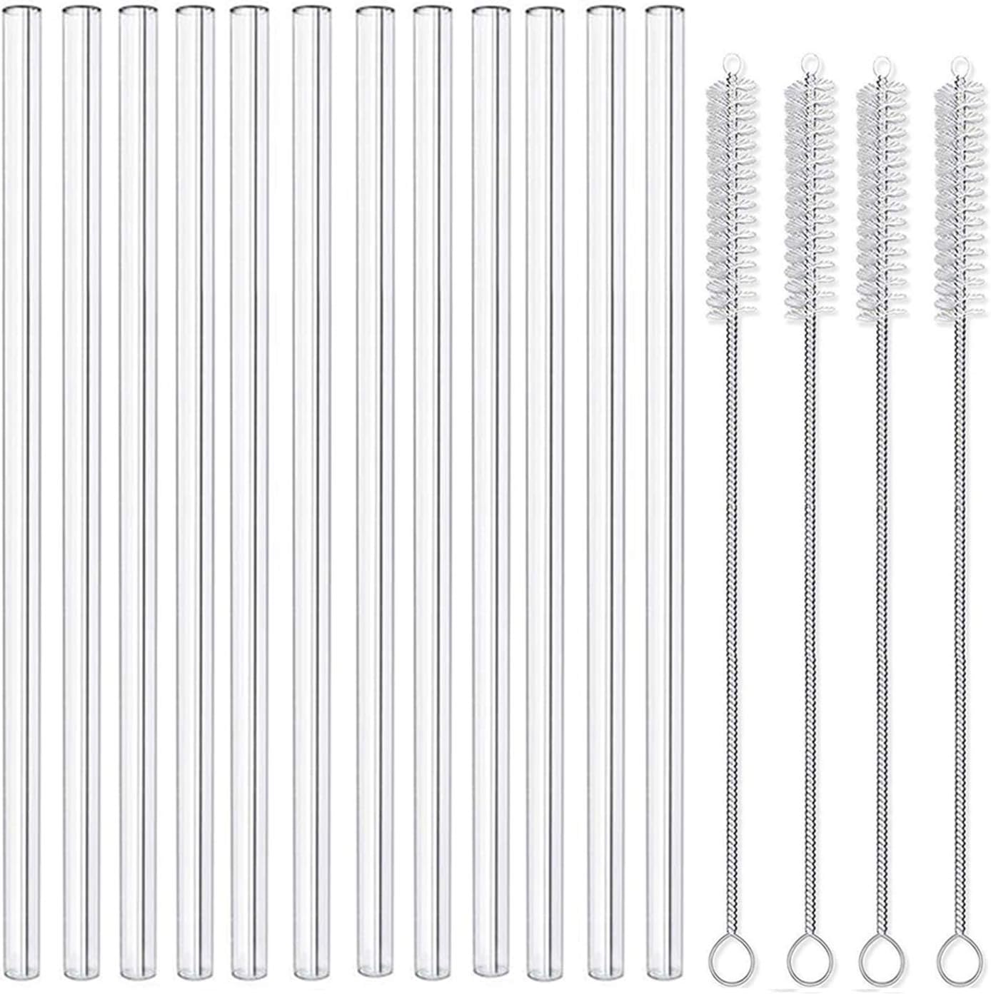 Glass Drinking Straws Straight Handmade Reusable Clear Straws Set of 12 with 4 Brushes - Healthy Eco Friendly Free of BPA Glass Straws (Transparent, 12 Straight)