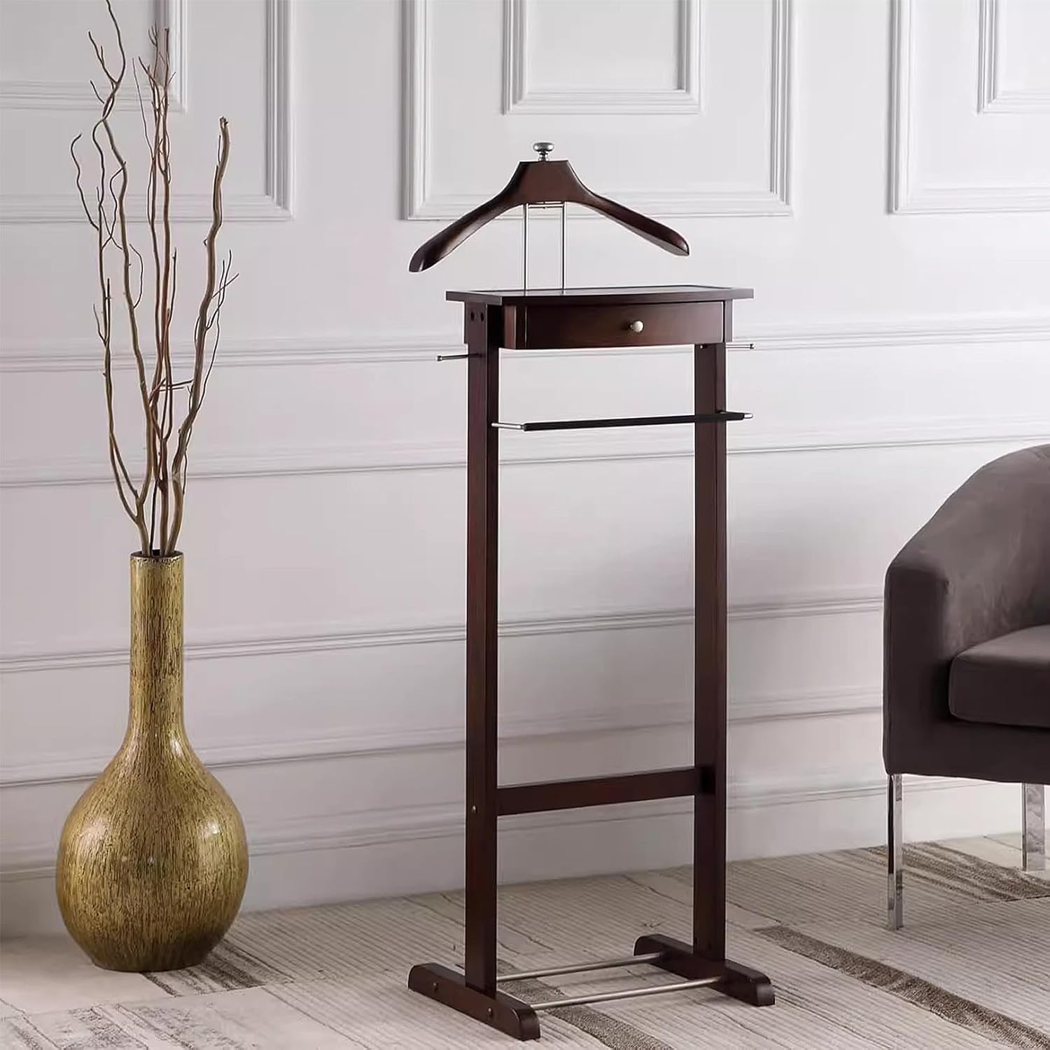 Luxury Valet Stand for Men, Wooden Suit Hanger with Top Tray, Trouser Bar, Belt Hooks & Shoe Rack, Stylish Clothes Organizer for Office or Home Decor