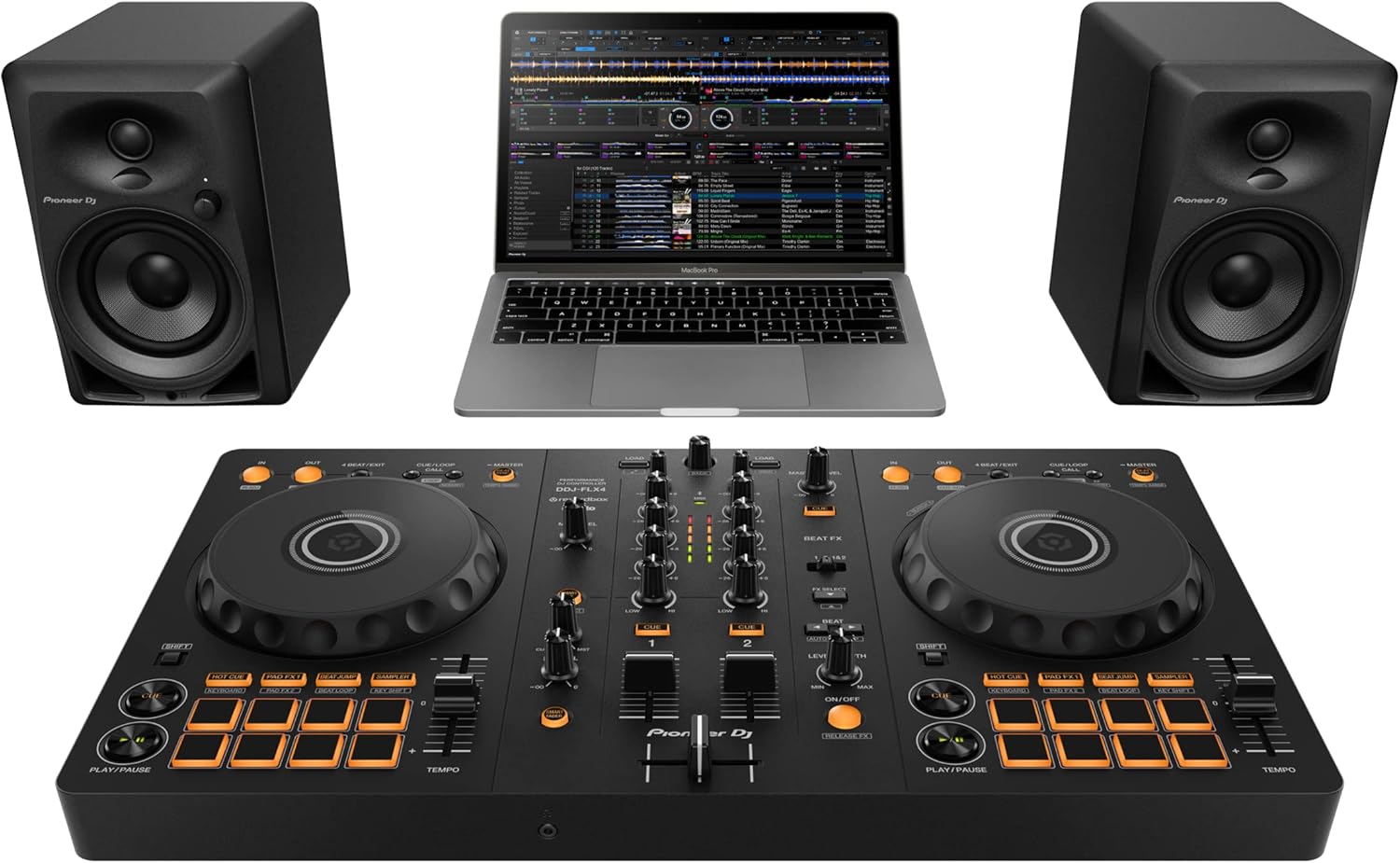 Pioneer DJ DDJ-FLX4 2-deck Rekordbox and Serato DJ Controller + Pyle Portable Dual Laptop Stand