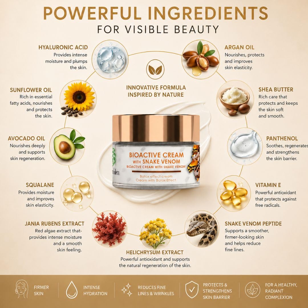 Crema Viso Antirughe Veleno di Vipera con Peptidi Effetto Lifting – Crema Anti-Age Rassodante e Idratante – Aiuta a Ridurre Rughe e Linee di Espressione – Trattamento Viso Quotidiano per Pelle