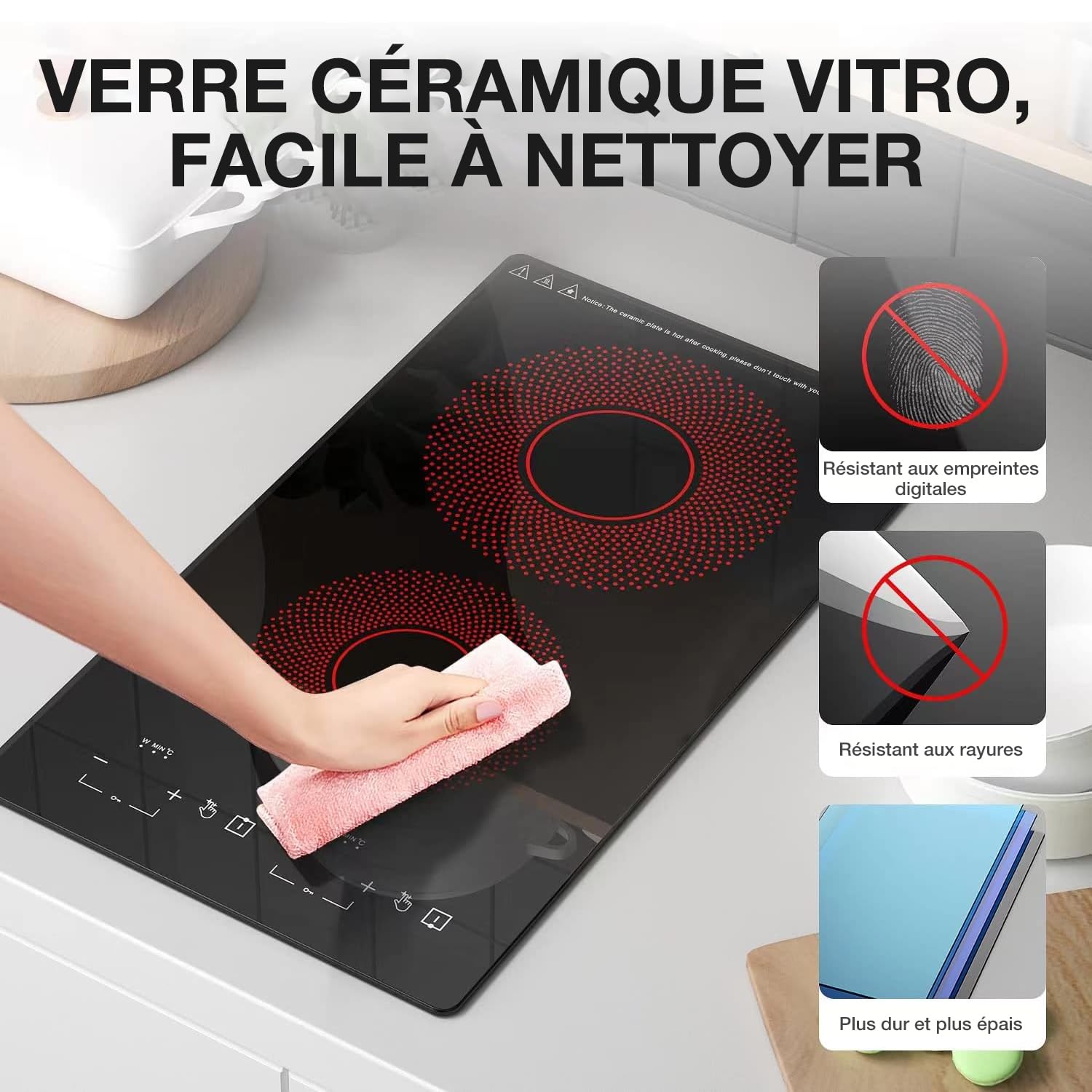 ANHANE Plaque Vitroceramique 2 Feux, Encastrable rechaud electrique 30cm | Plaque de cuisson électrique 3000W avec sécurité enfant, commande tactile, 9 niveaux, pour camping, cuisine et studio