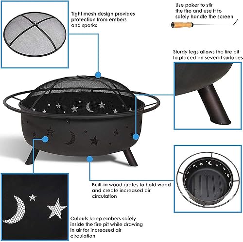 Miniatura 4 de Firepit de metal para patio trasero con cubierta de malla de chispa para barbacoa con cubierta de malla para póker de gran tamaño de acero