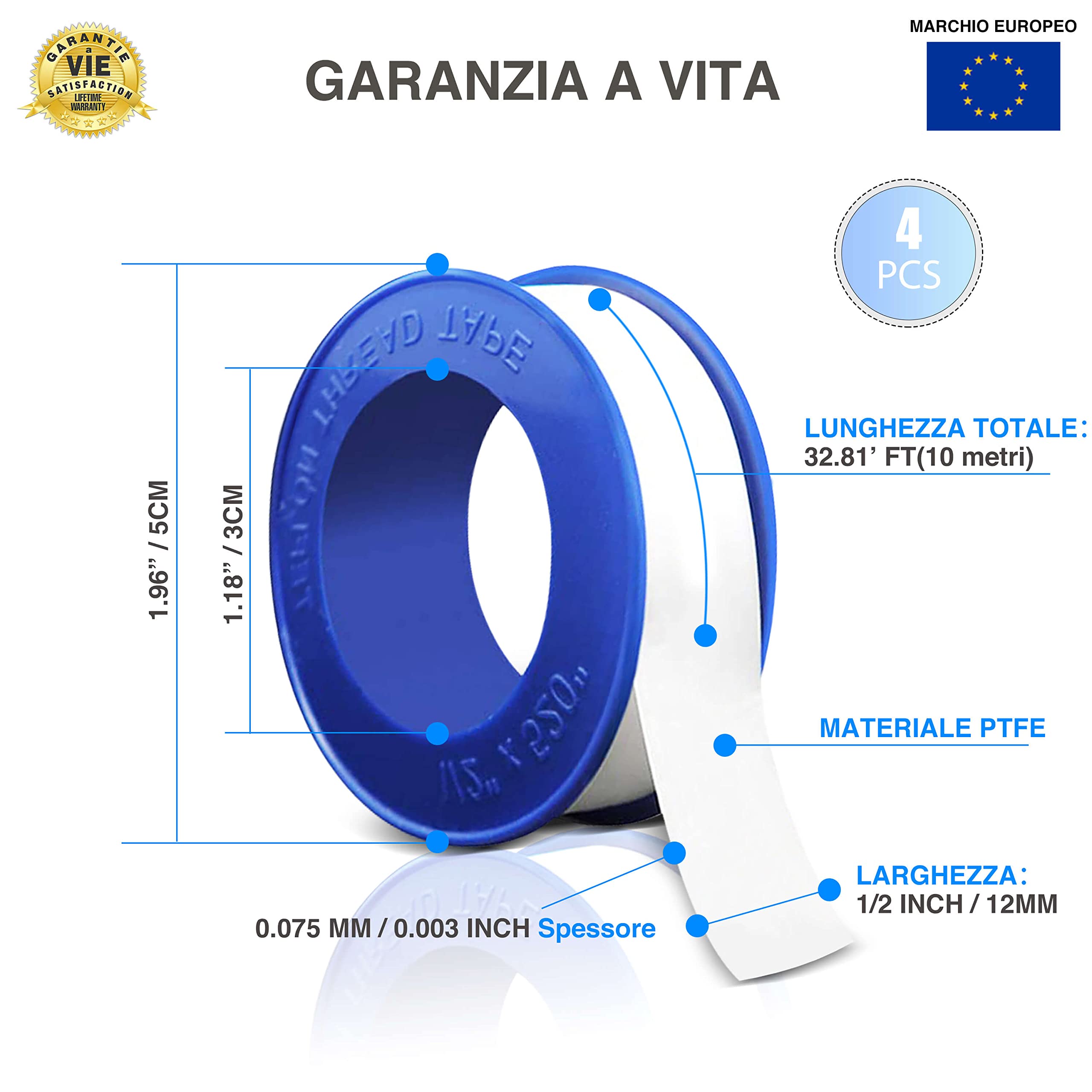 Nastro Teflon 10m x 12mm|4 Rotoli|✮GARANZIA A VITA✮Nastro Sigillante in Ptfe per Riparazioni Idrauliche, Perdite Tubi, Impermeabile, Resistente all'Umidità e alle Alte e Basse Temperature