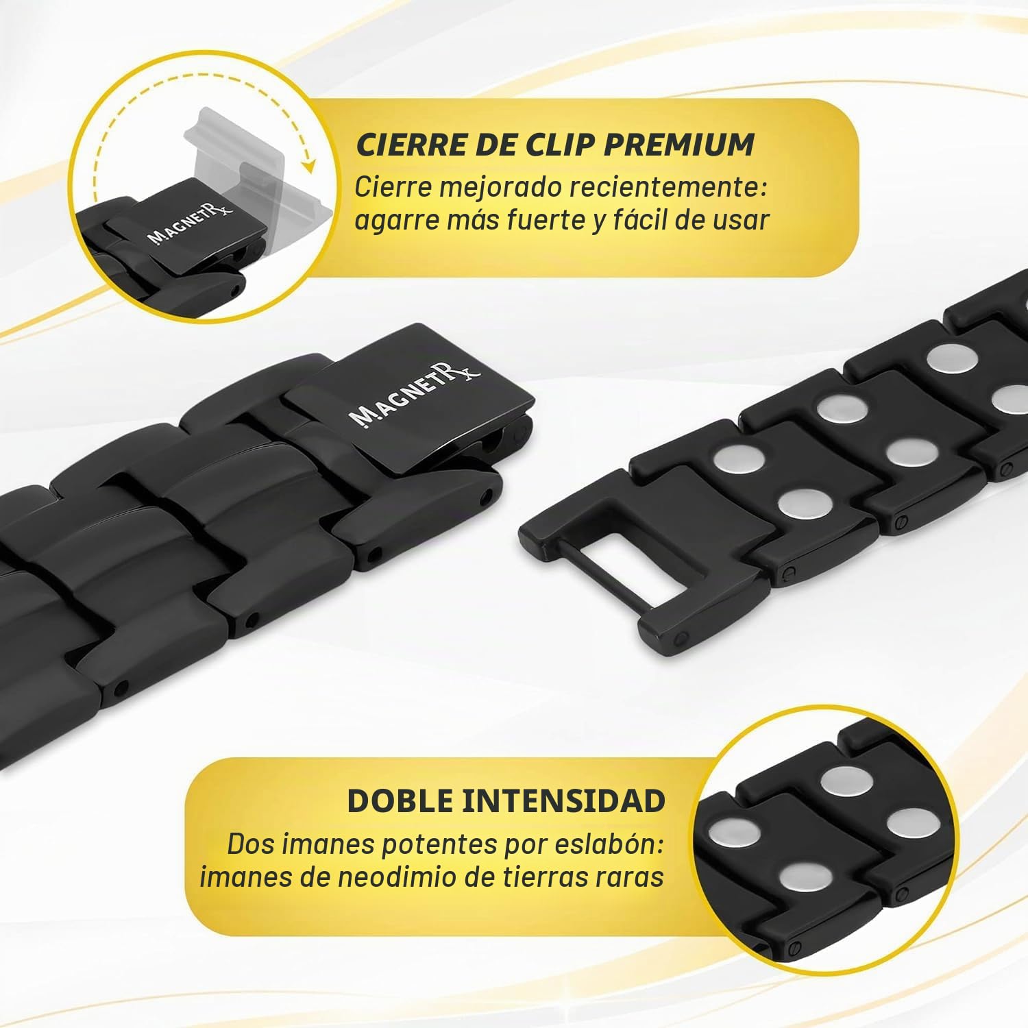 MagnetRX® Pulsera Magnética Ultrarresistente - Brazaletes Magnéticos de Acero Inoxidable para Hombres – Pulsera de Longitud Ajustable con herramienta de Medición para un Ajuste Perfecto (Negra)