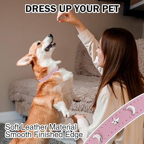 Miniatura 4 de DILLYBUD Collar de cuero para perros pequeños y medianos, collares ajustables con tachuelas de estrella y luna con hebilla de metal inoxidable y