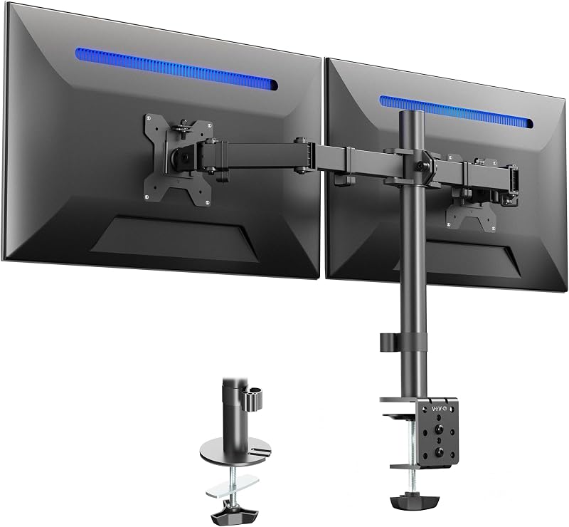 VIVO Dual Monitor Desk Mount, Heavy Duty Fully Adjustable Steel Stand, Holds 2 Computer Screens up to 24 inches and Max 22lbs Each, Black, STAND-V024