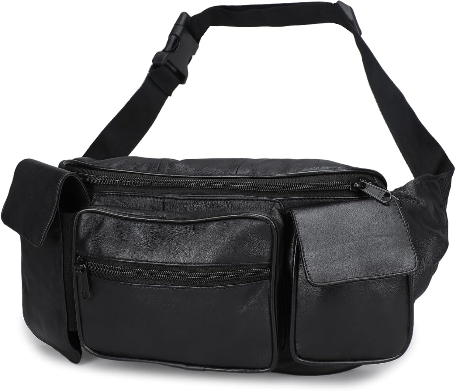 Leatherboss Genuine Leather Waist Fanny Pack Belt Bag with Two Cell Phone Pockets for men women, Black