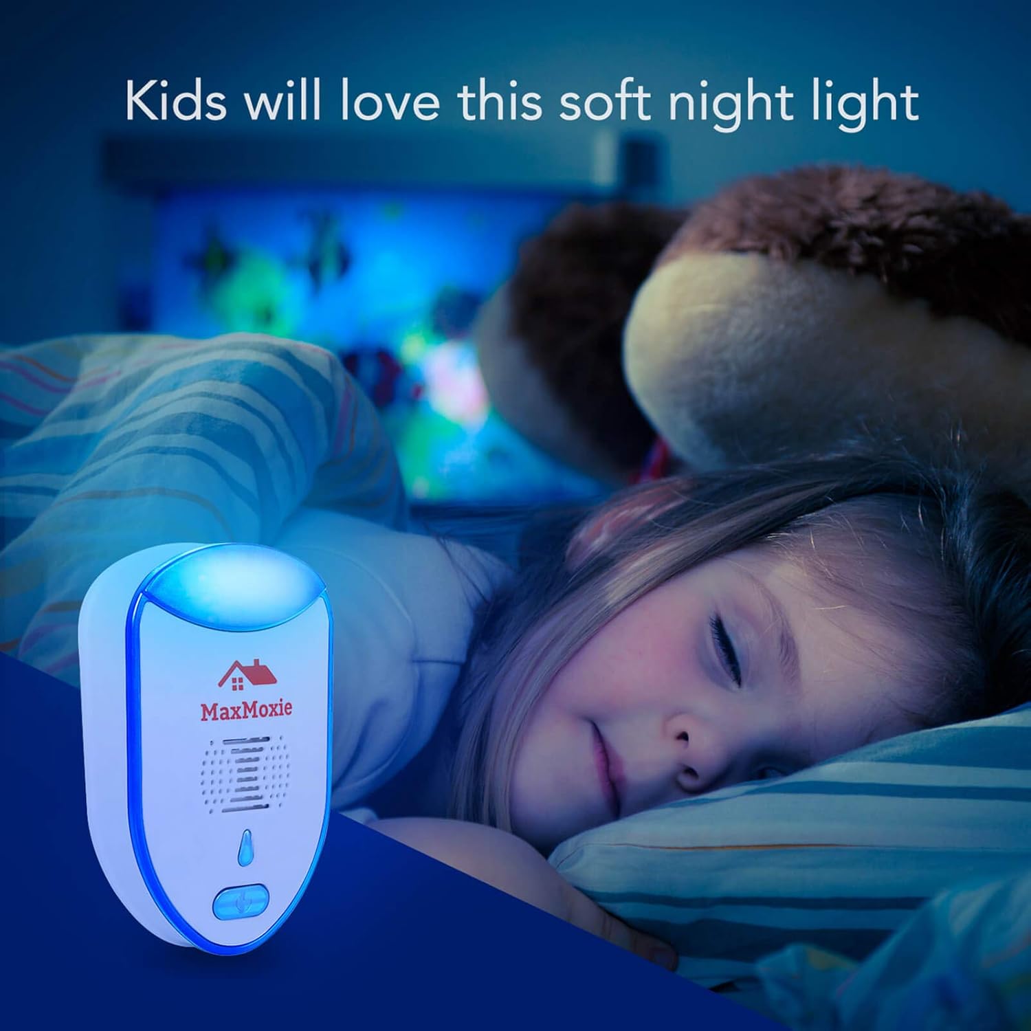 MaxMoxie Ultrasonic Pest Repeller with its blue night light illuminated in a dark room