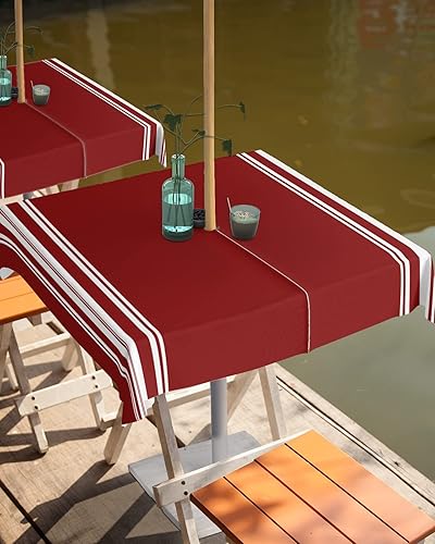 Miniatura 2 de Mantel para exteriores con agujero para paraguas, mesas cuadradas de rayas blancas y rojo vino de granja, colección de mesa impermeable para patio,
