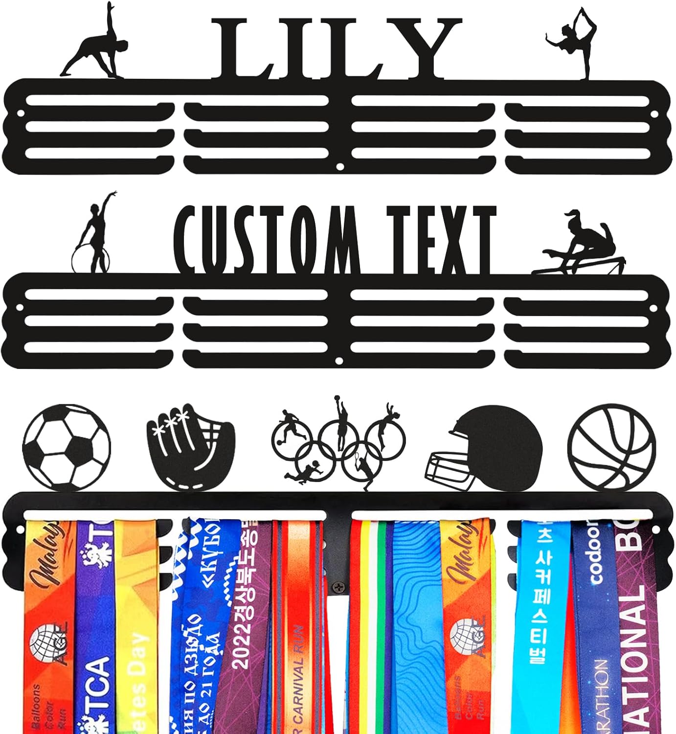 Personalized Medal Holder with Name Display Rack for Awards Ribbons - Metal Custom Sports Race Plaques Hanger for Wall Mount Hold Up 60 Medal Hanger Display for Athlete Boy Girl Kid