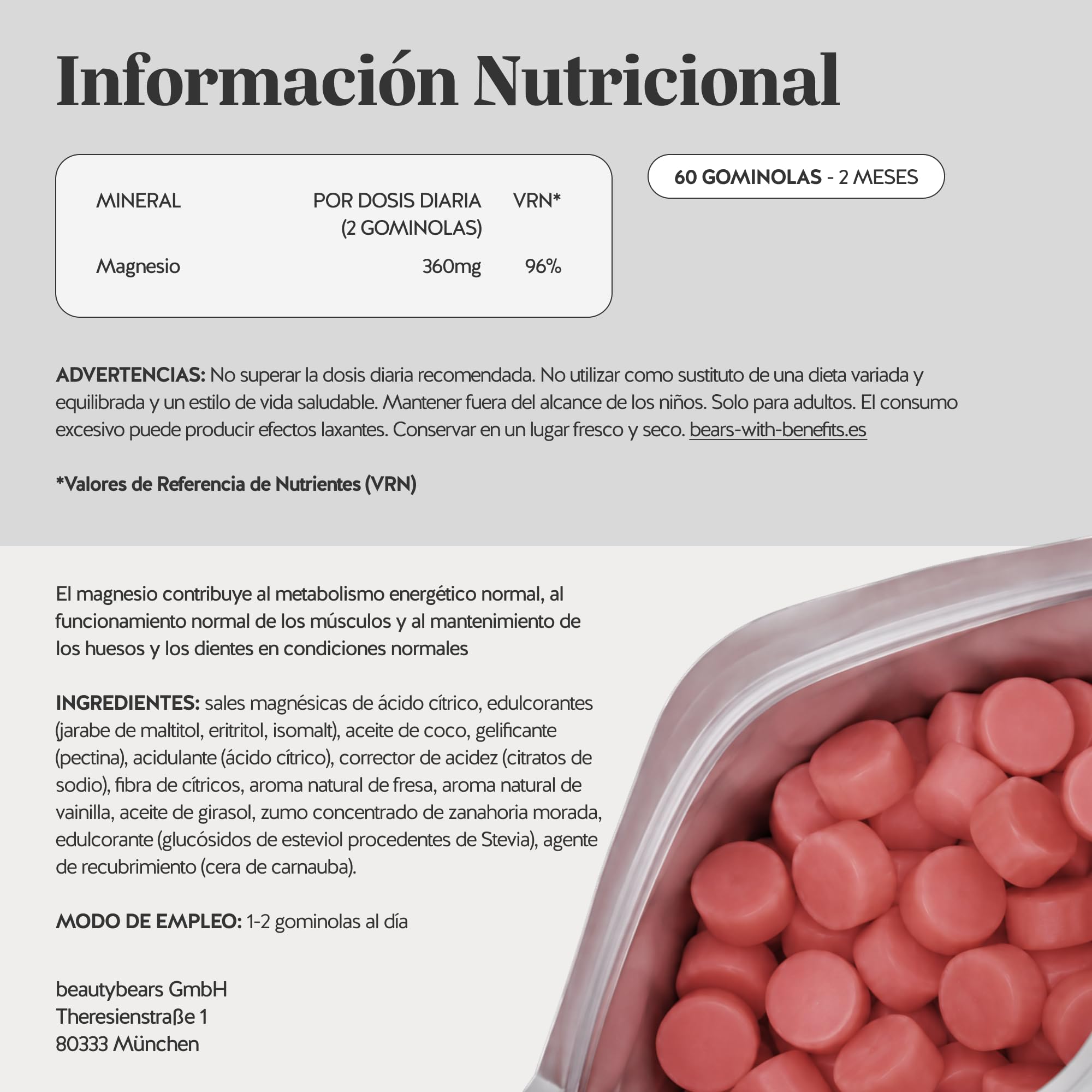 Bears with Benefits - Gominolas Magnesio 360mg - Bienestar - 60 unidades