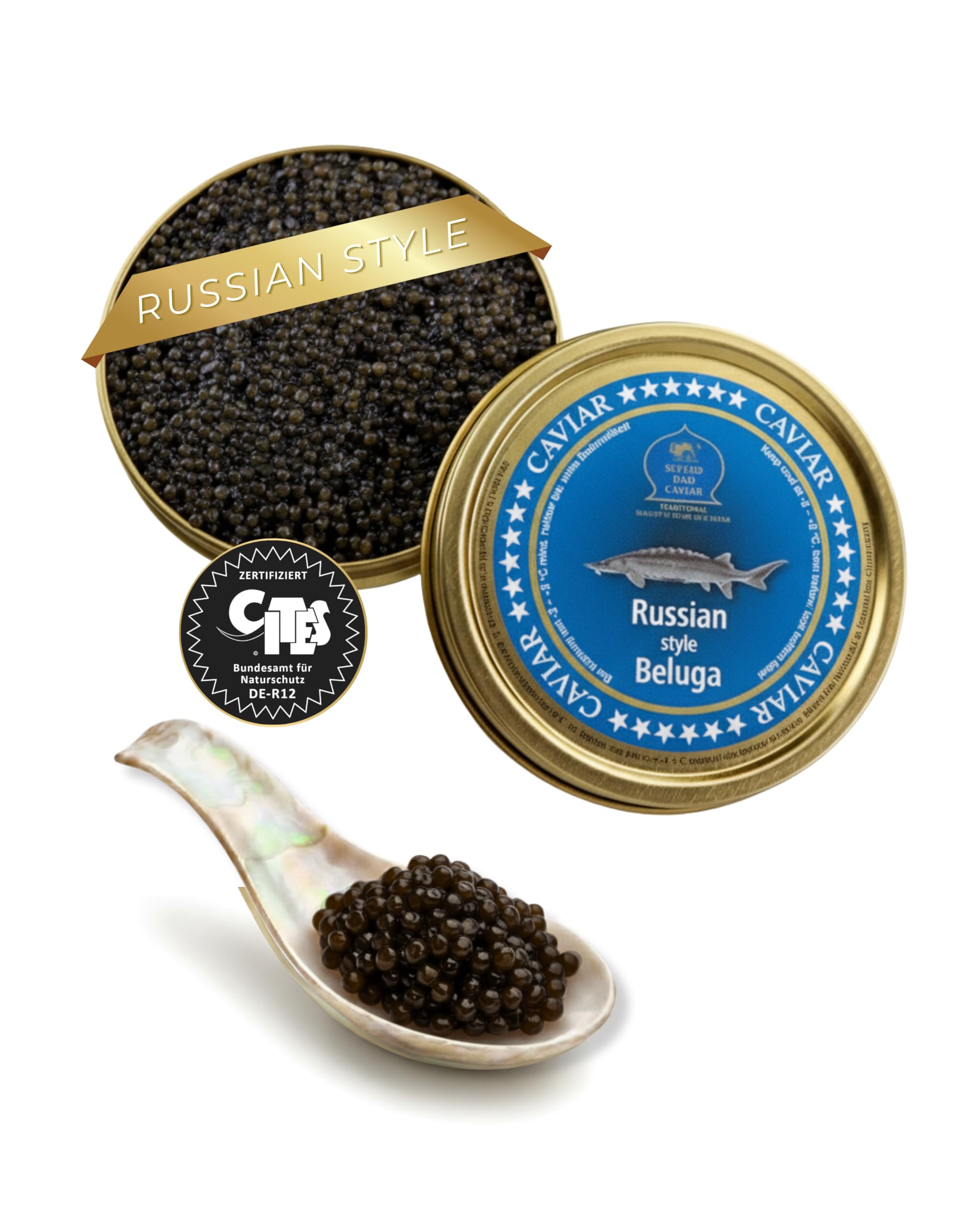 SEPEHR DAD CAVIAR Russian Style Beluga Kaviar 250 g I mittelgroßes Korn 2,9–3,3 mm I Beluga-Caviar aus nachhaltiger Aquakultur I mild & cremig-sahnig I exklusiver Stör Kaviar in Premiumqualität