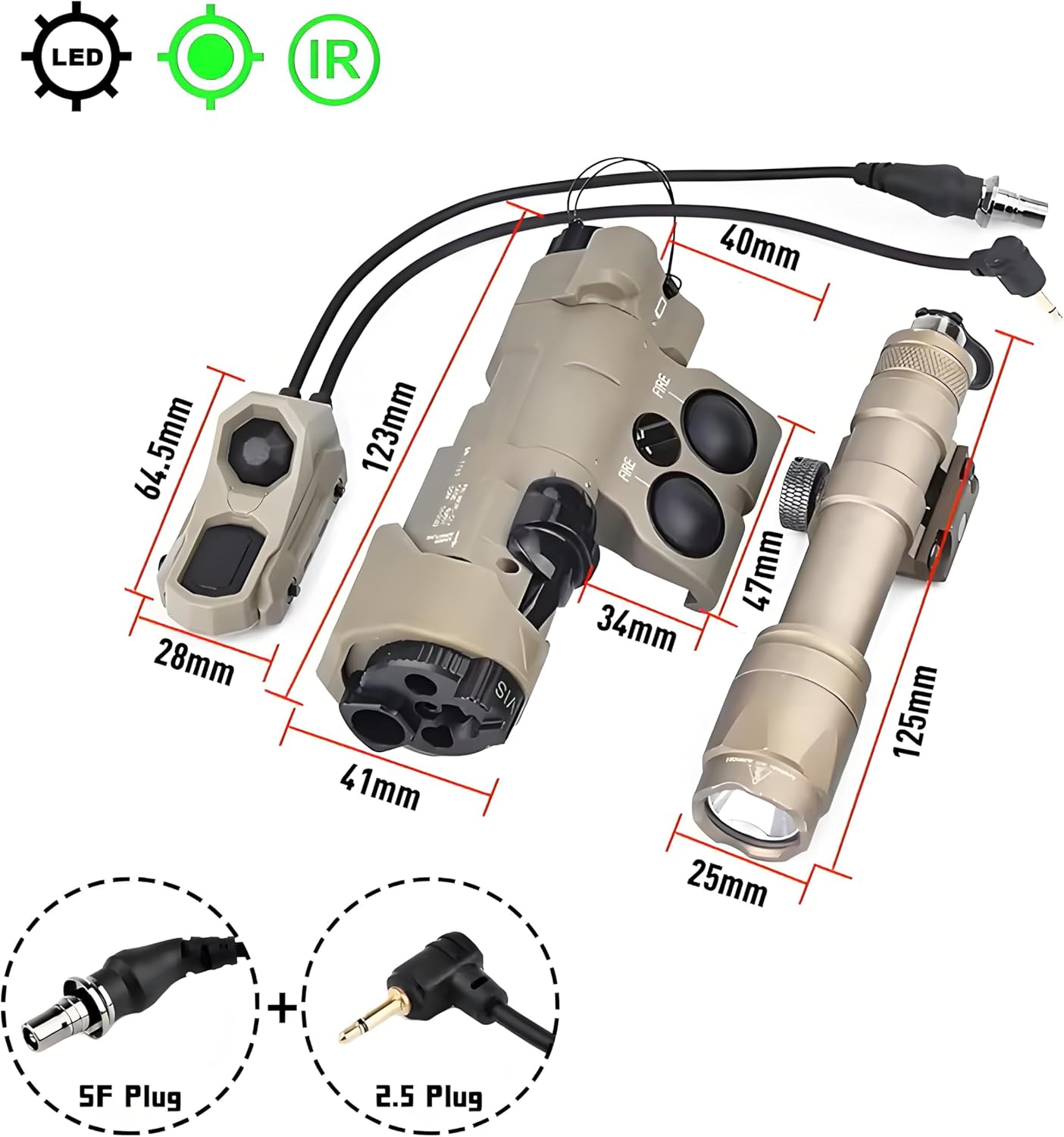 Green Dot Metal Indicator Laser MWL IR Indicator Sight with M600C Flashlight & Dual Control Remote Pressure Button Switch Combo，600 Lumen White LED Scout Torch Light，Fits for Standard 20mm Rail，Tan
