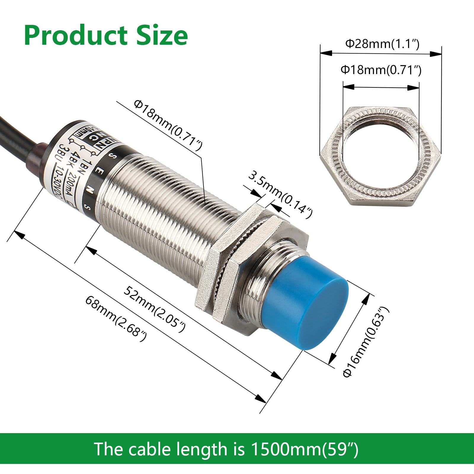 Wengart Commutateur De Capteur De Proximité Capacitif LJC18A3-B-Z, NPN Normally Closed, M18, DC10-30V,300mA, Distance De Détection De 10mm, 3 fils