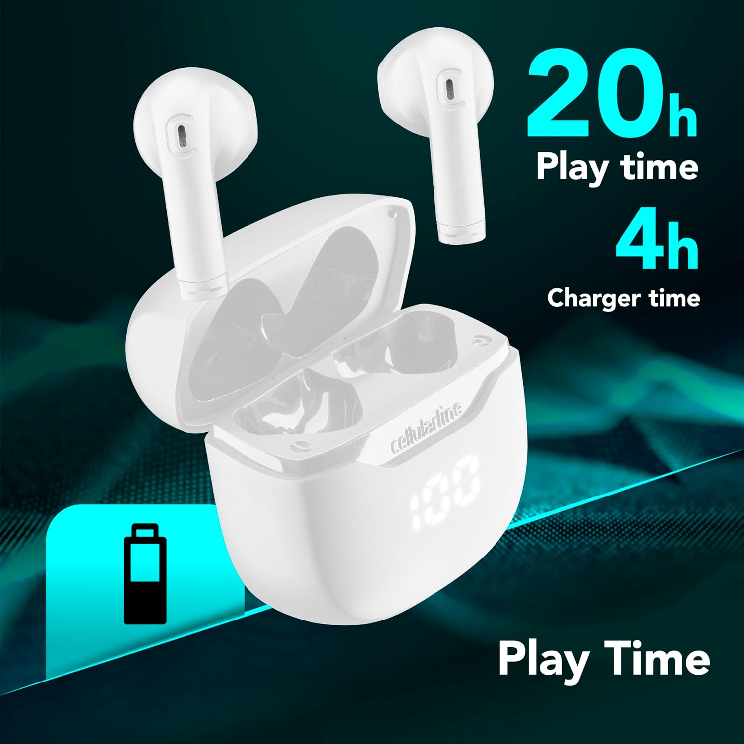 Cellularline CORE Earphones and case showing 20 hours play time and 4 hours charger time