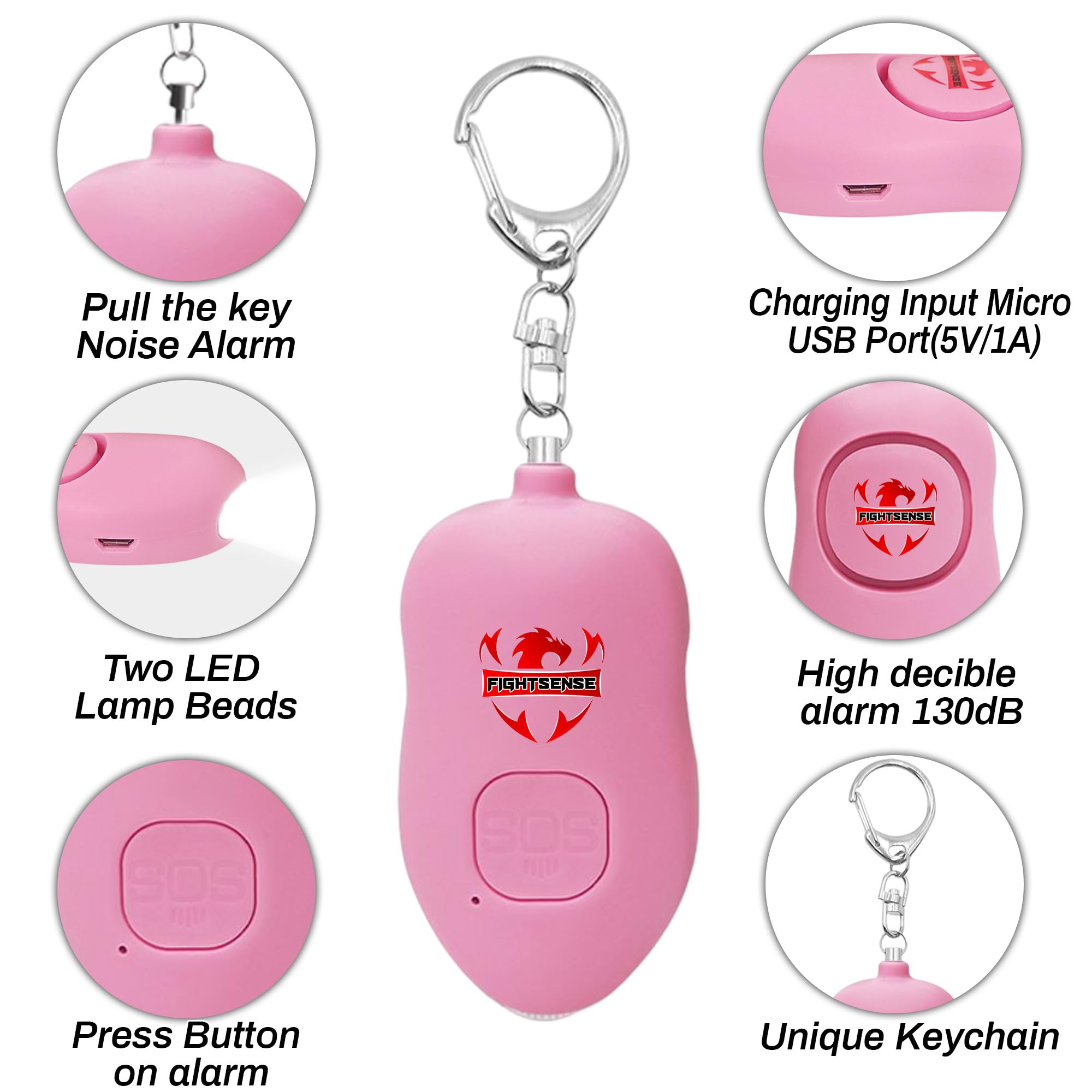 Fightsense Personal alarm keychain with Snap Hook, 130dB Siren safety alarm for women LED light (300m Audible) (PINK)
