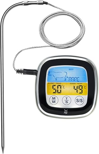 WMF BBQ Digitales Thermometer, Fleischthermometer, Bratenthermometer, Grillthermometer mit 5 Garstufen, LED-Touchdisplay, Timer, Magnethalterung