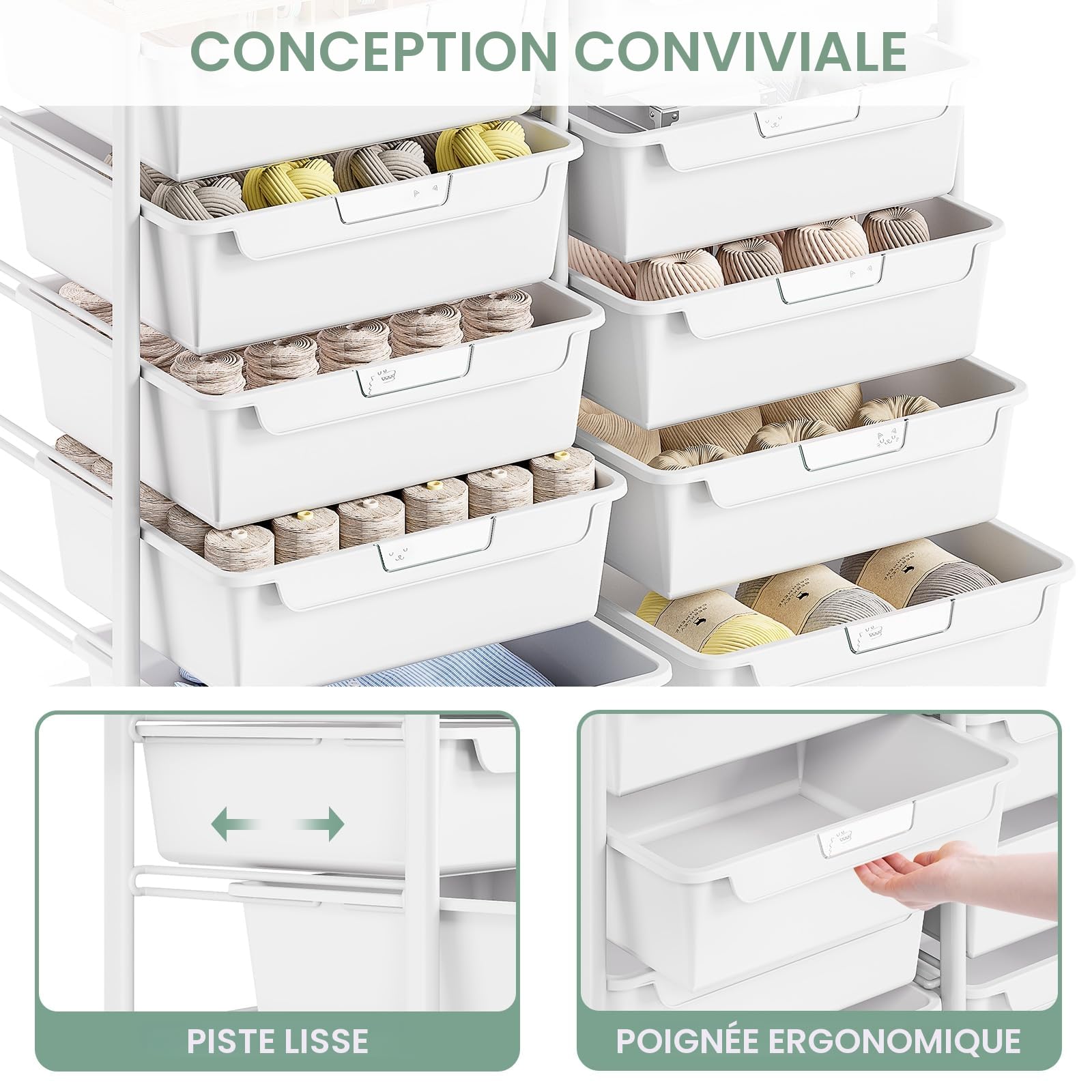 SYKIARIOL Meuble à roulettes en plastique avec 10 tiroirs, blanc | chariot à roulettes avec plateau en bois, chariot de rangement pour salle de bain, cuisine, salon et chambre à coucher