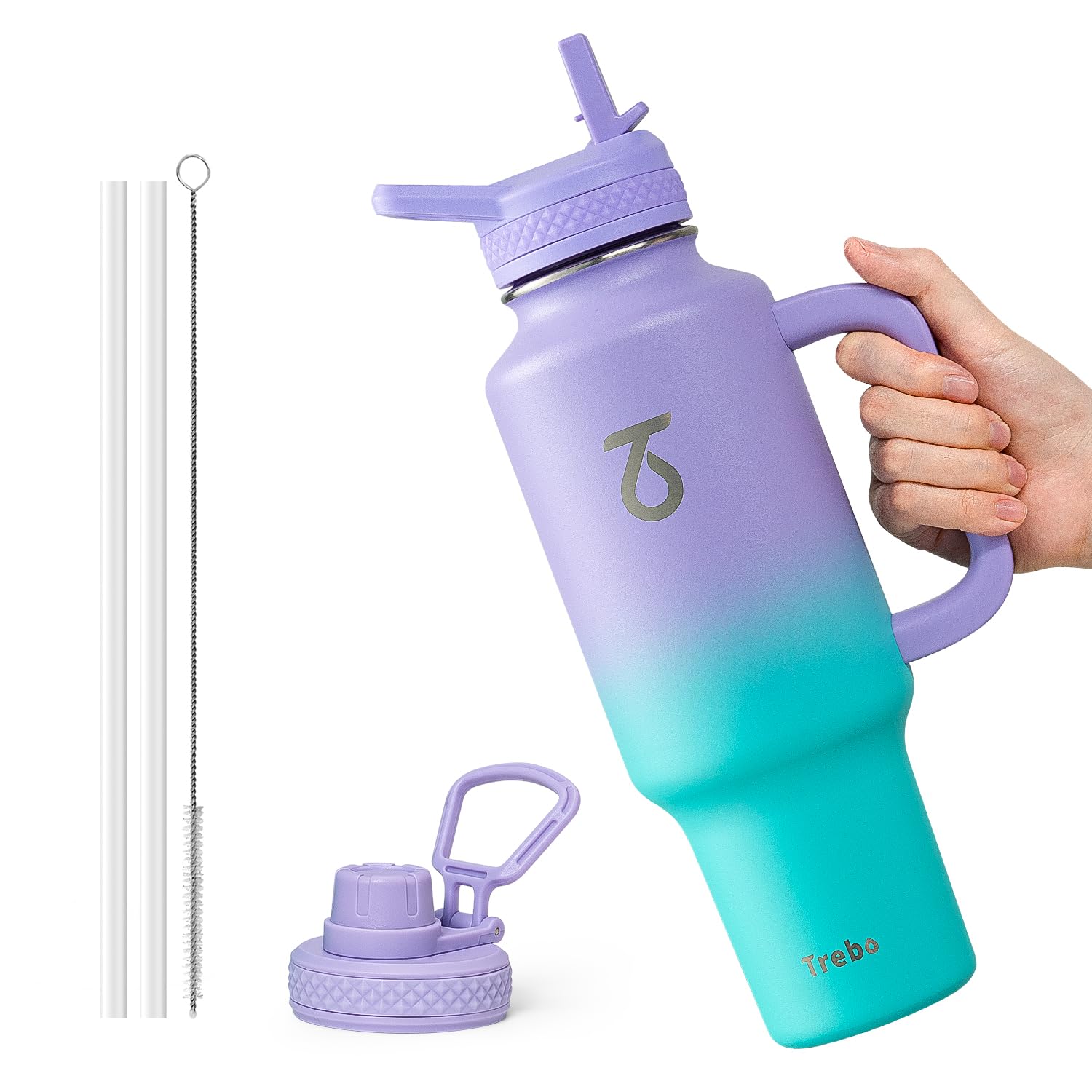 Trebo 40 oz Water Bottle Insulated Fit Car Cup Holder with Handle, Stainless Steel Water Bottles Tumbler with Spout Straw Lids, Double Wall Travel Reusable Flask, Leakproof Mug,Keep Cold &Hot,Purple