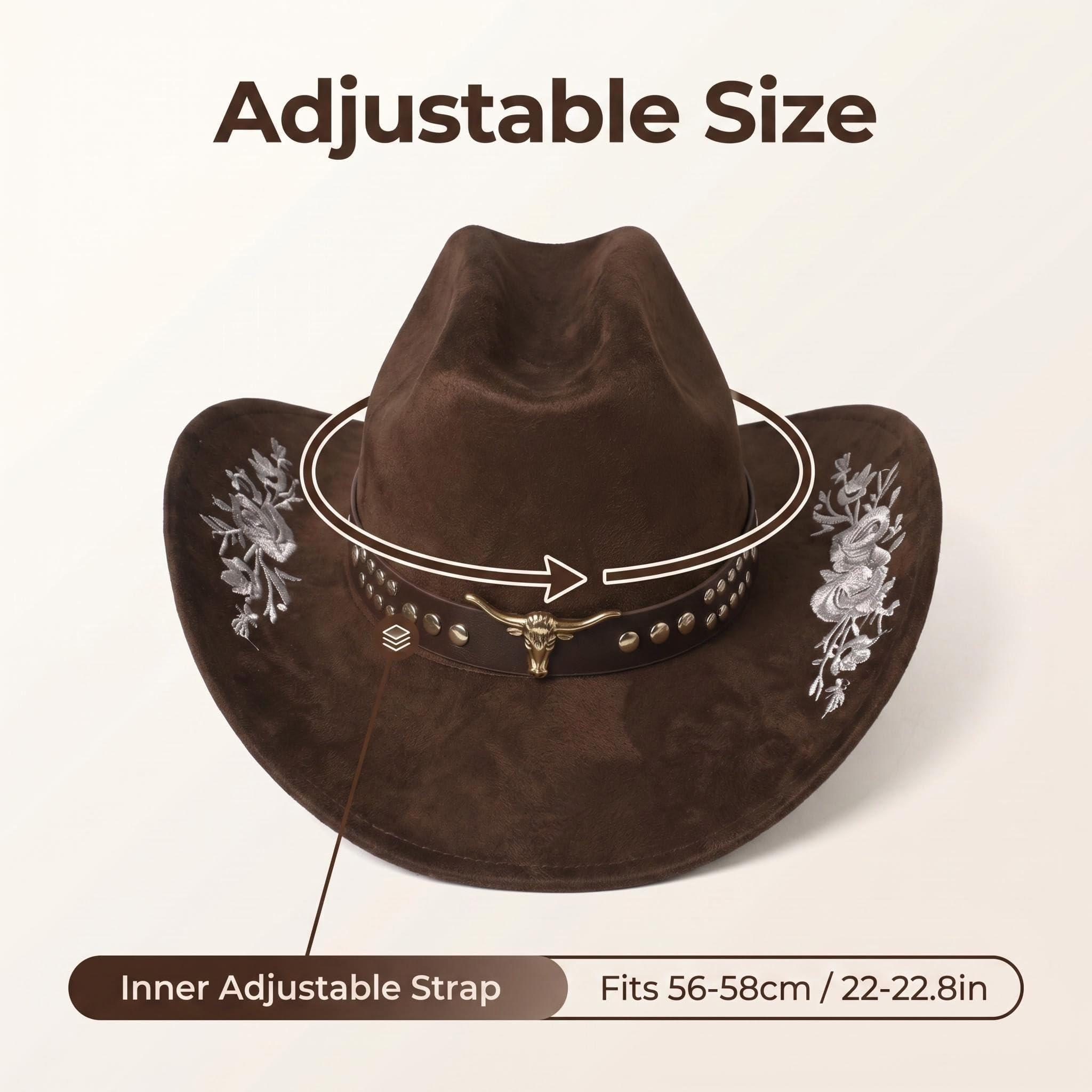 Bestickter Westernhut aus Wildlederimitat mit breiter Krempe und Gürtel mit Stierkopf-Motiv,Westernhut für Damen und Herren, Männer Western Cowboyhute mit Stierkopf-Dekor