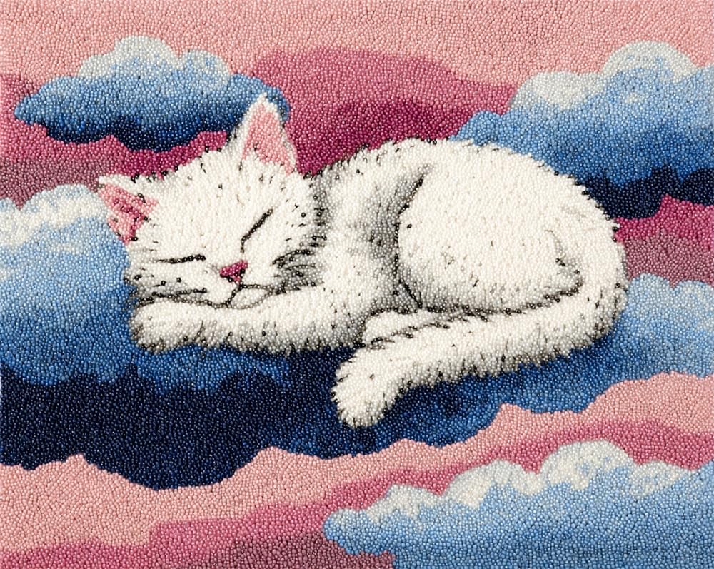Kitquiver Latch Hook Rug Kits for Adults Beginners,Cat Lying On A Cloud,DIY Craft Doormat Carpet Making Kit Tapestry Gift Home Decorations 39X55In