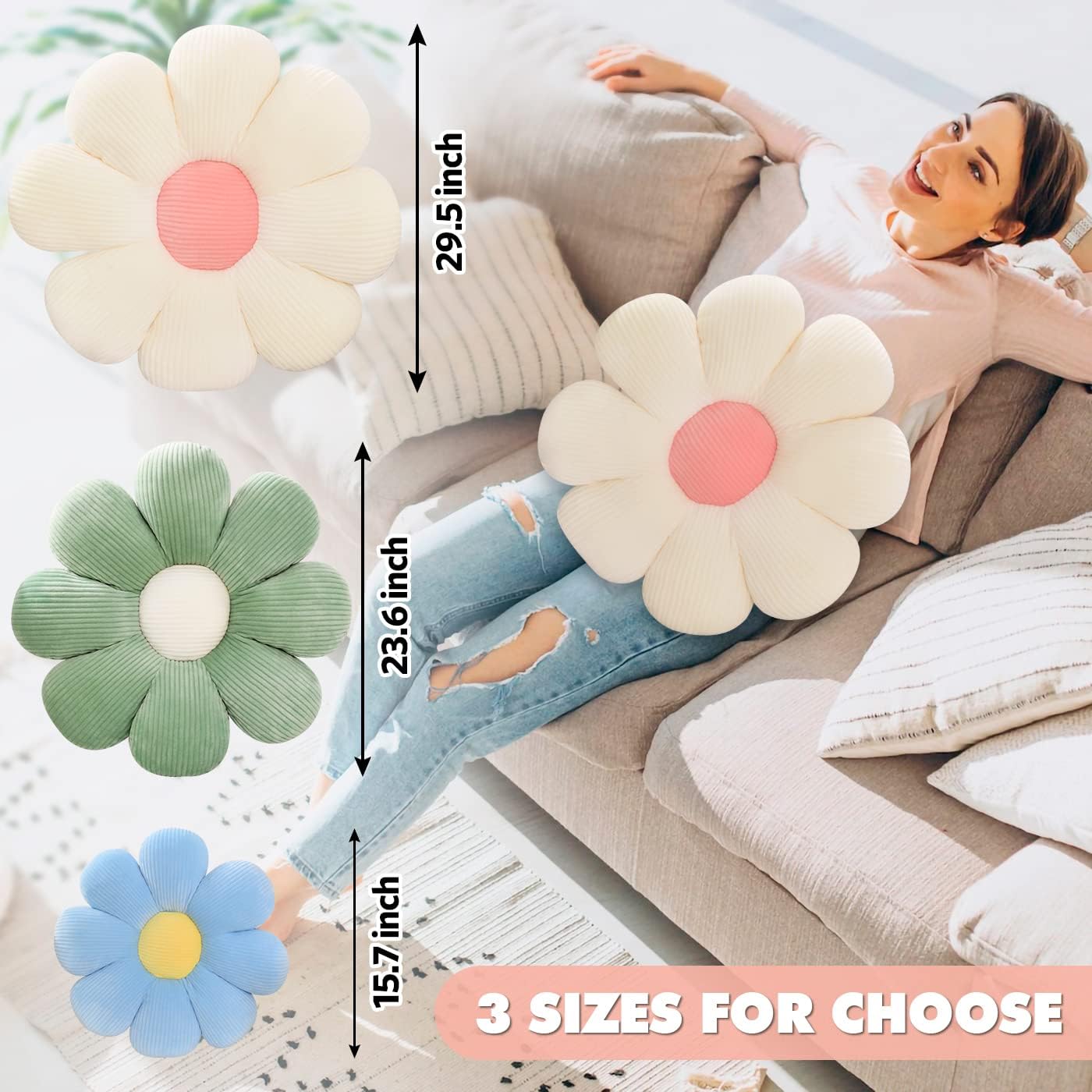 Flower Pillow, Daisy Throw Pillows, 21.6" Cute Shaped Pillow Seating Cushion, Aesthetic Decorative Pillows for Sofa Couch Bed Room Décor,White