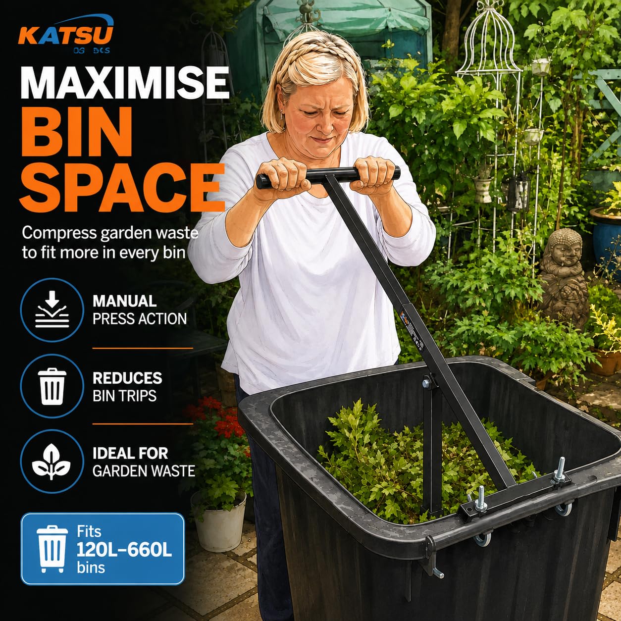 KATSU Tools Compactador de basura manual para contenedores con ruedas: altura ajustable, compatible con contenedores de basura con ruedas de 120 a 660 litros