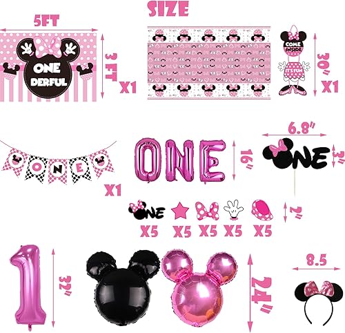 Miniatura 4 de Onederful - 115 decoraciones de fiesta de primer cumpleaños, color rosa, arco de globos de dibujos animados, telón de fondo, mantel y vajilla para