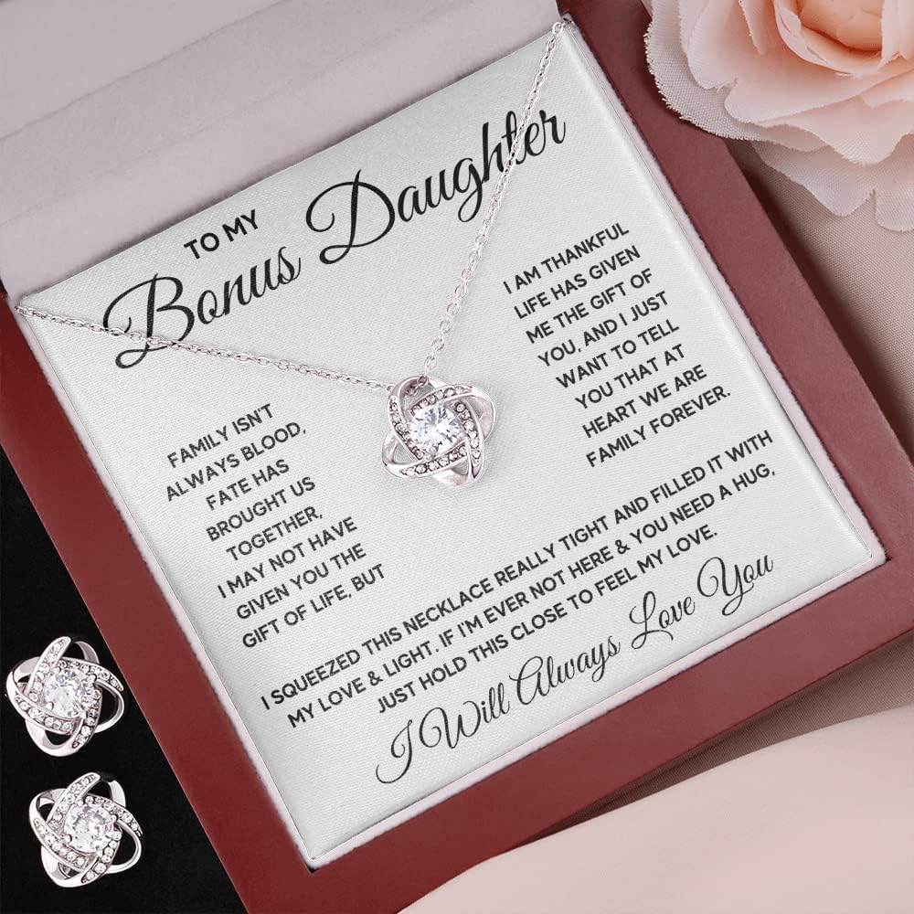 OC9 Gifts Bonus Daughter Necklace Birthday Graduation Christmas Gift with Message Card and LED Jewelry Box Gift Pendant for Step Daughter Goddaughter (LED Box with Earrings, Fate Squeezed Knot)