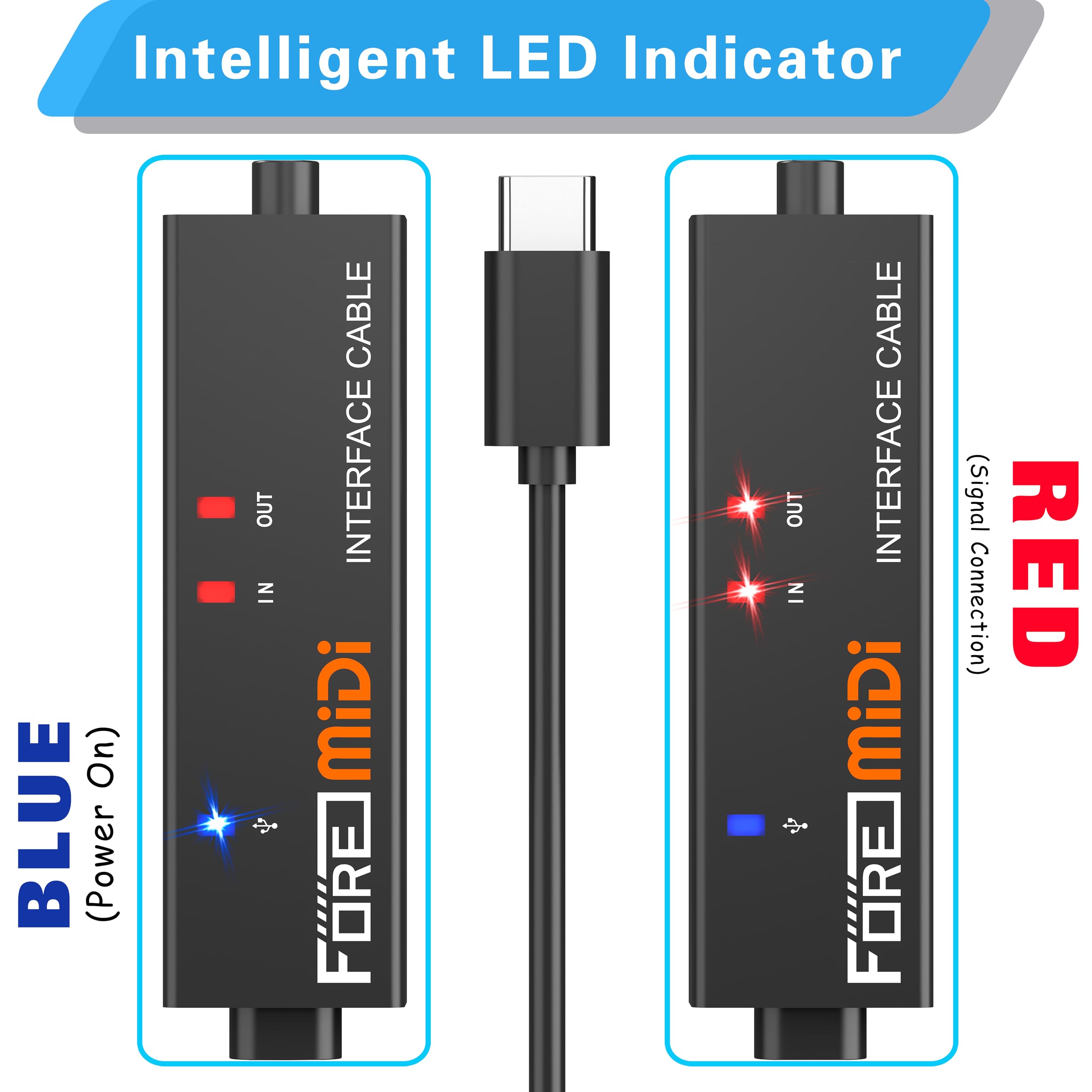 FORE Interfaz MIDI a USB compatible con cable MIDI USB tipo C con entrada y salida, funciona con teclado MIDI/sintetizador/MIDI Deivce compatible con iOS y Android, Windows/Mac OS negro y naranja, 6.5