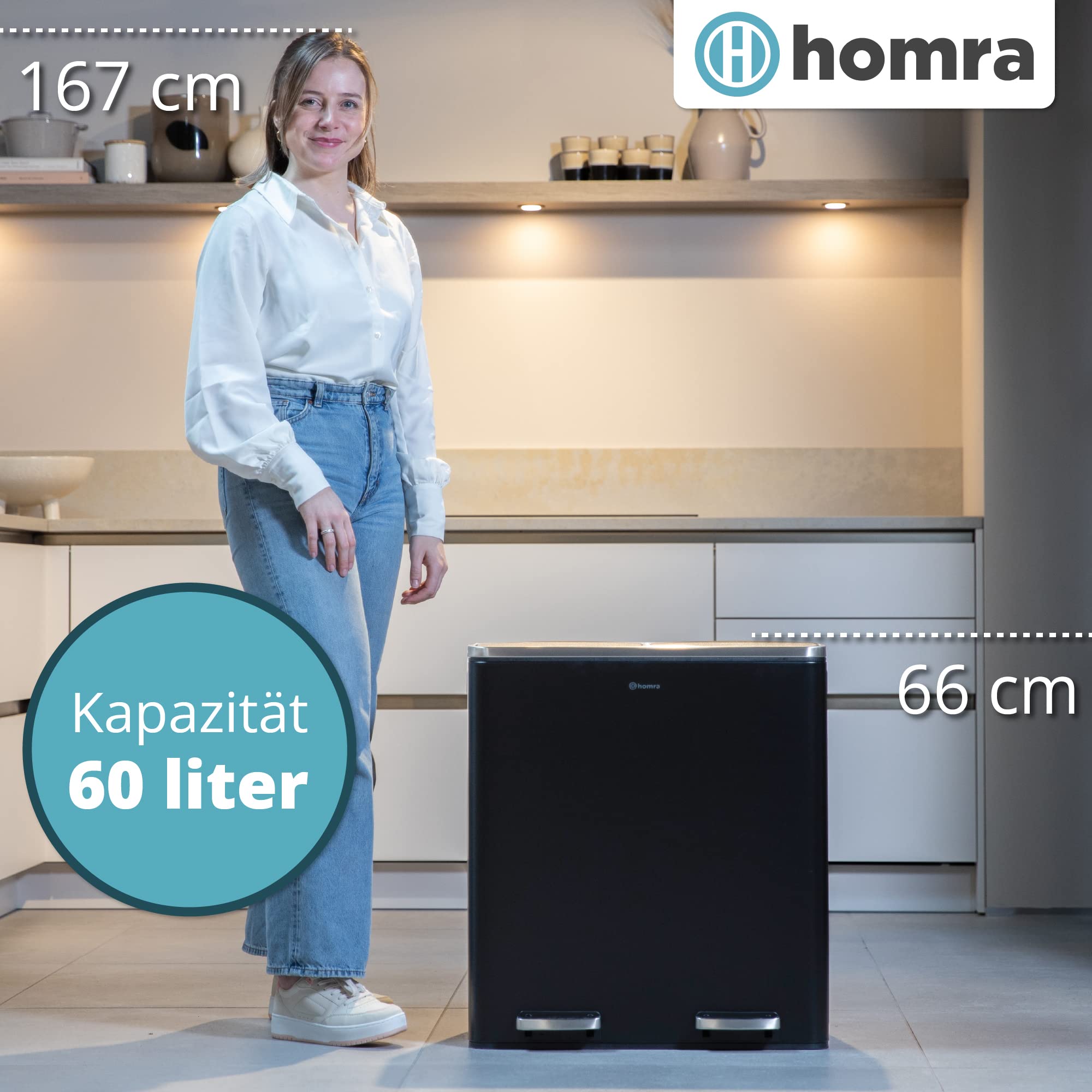 Homra Mülleimer 60l Quickx | Tretmülleimer Küche 2x30 Liter | Treteimer aus Edelstahl | Abfalleimer mit Inneneimern | Trennsystem 2 Fach | Mülltrennsystem | Papierkorb | Softclose | Schwarz