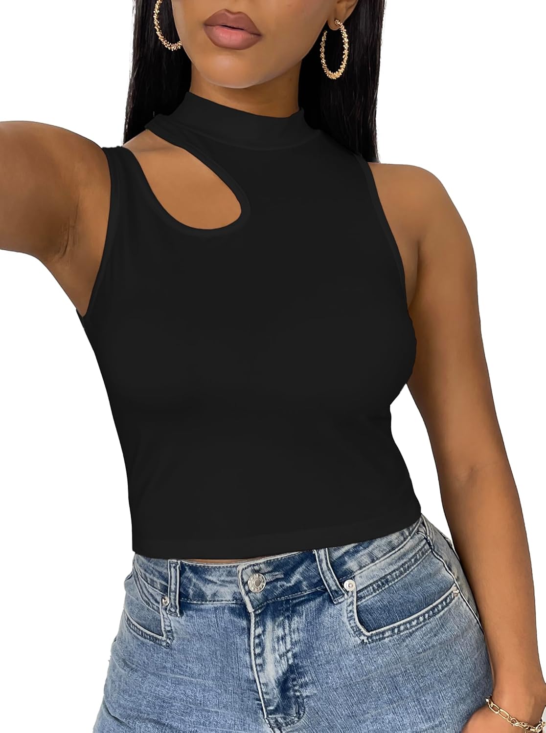 LovelyWholesale Crop Tops for Women Sexy Cut Out Tops Mock Neck Tank Top - Image 2