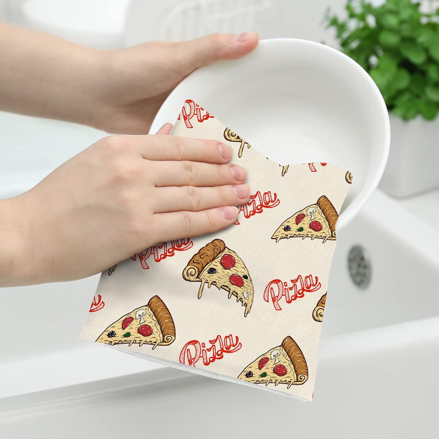 Kitchen Towels Cute Pizza Food Absorbent Dish Clothes Tea Hand Towels Home Decor (2 Pack, 16x24 in) - Image 3