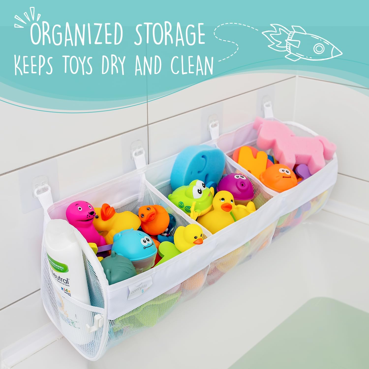 Comfylife Large Bath Toy Organizer – 3 Compartment Bath Toy Holder for Bathtub & Shower – Quick-Dry Mesh with 4 Strong Adhesive Hooks – Kids Toys Storage Net for Bathroom, shower & Tub