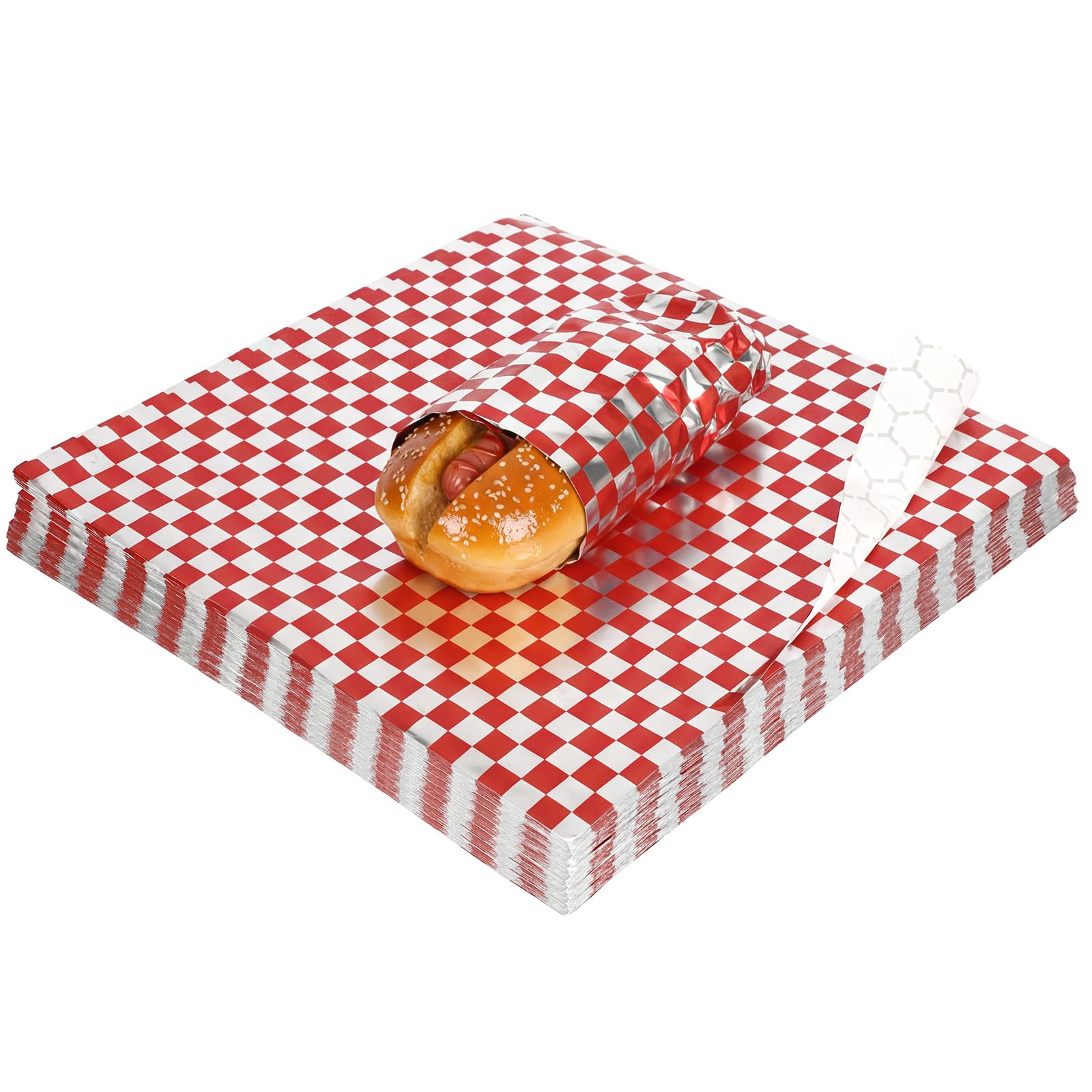 Photo 1 of ForraFun 100 Pack Aluminum Foil Wrappers 12" x 12" Hot Dog Wraps Foil Sandwich Wrapping Sheets Classic Checkered Red and White Hamburger Wrappers for Burritos, BBQ, Food Wrapping