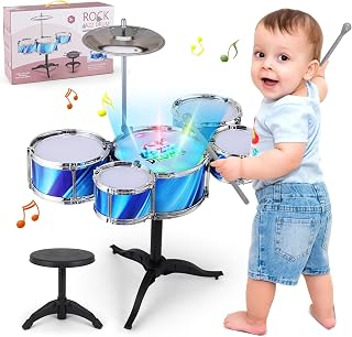 PaLeyFer 15-Piece Kids Drum Set for Toddlers Age 1-5 with 4 LED Lights - Jazz Drum Kit Musical Toy for Boys Girls Beginners